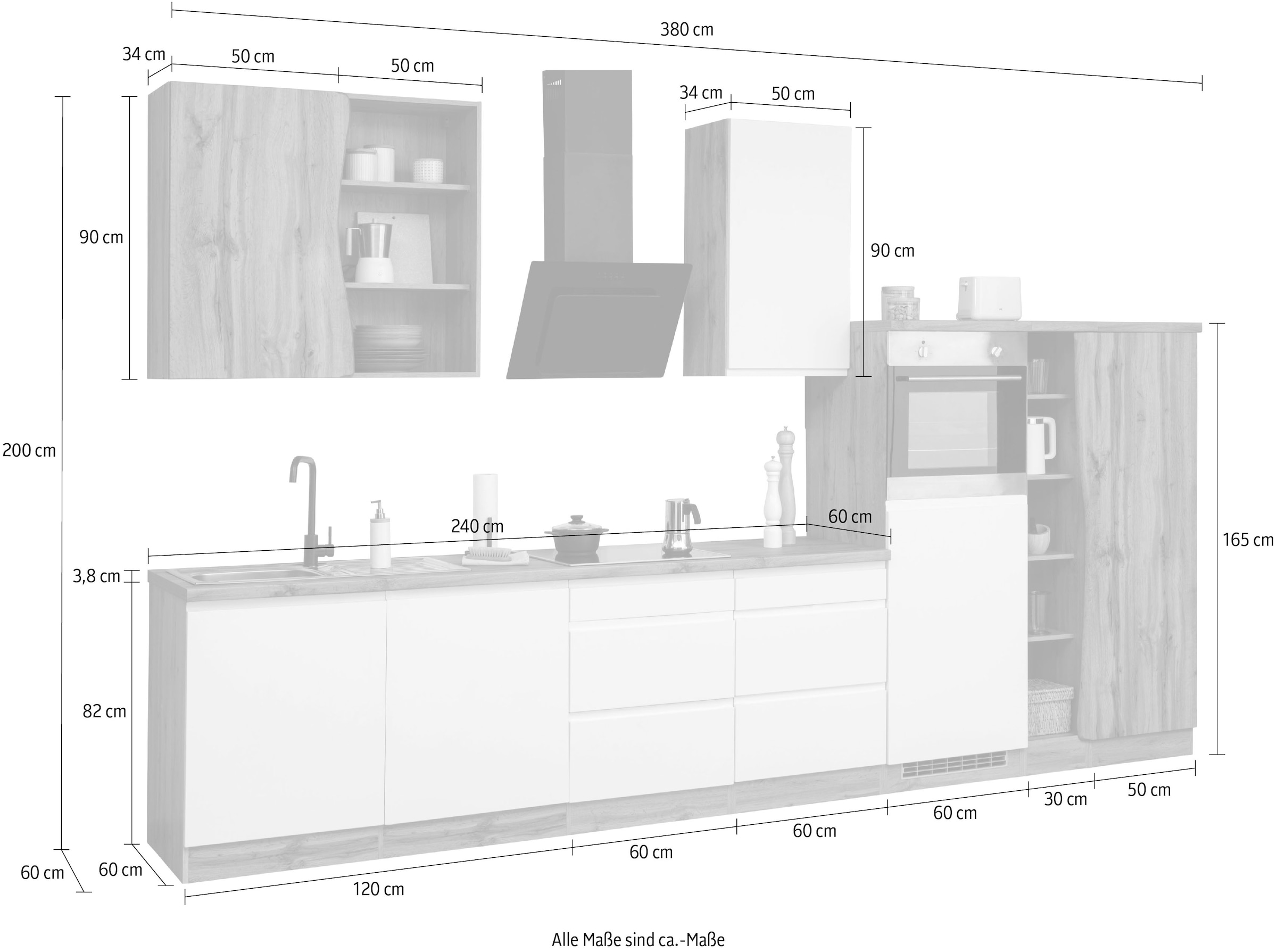 HELD MÖBEL Küche »Bruneck«, 380 cm breit, Ceran-oder Induktionskochfeld, hochwertige  MDF-Fronten auf Rechnung kaufen