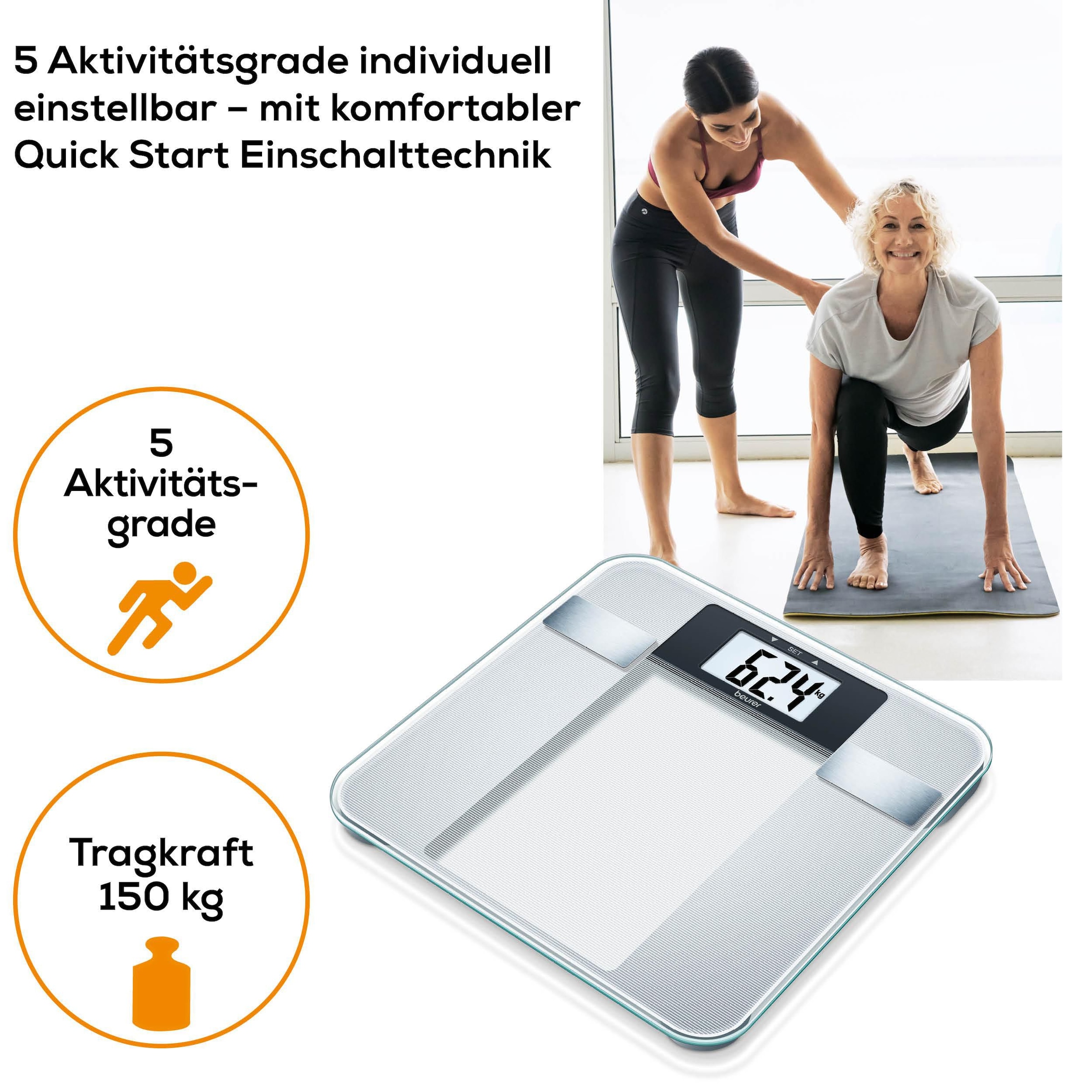 BEURER Körper-Analyse-Waage »BG 13 zur Messung von Gewicht, Körperfett, Körperwasser, Muskelanteil« Trittfläche aus Sicherheitsglas, Tragkraft bis 150 kg