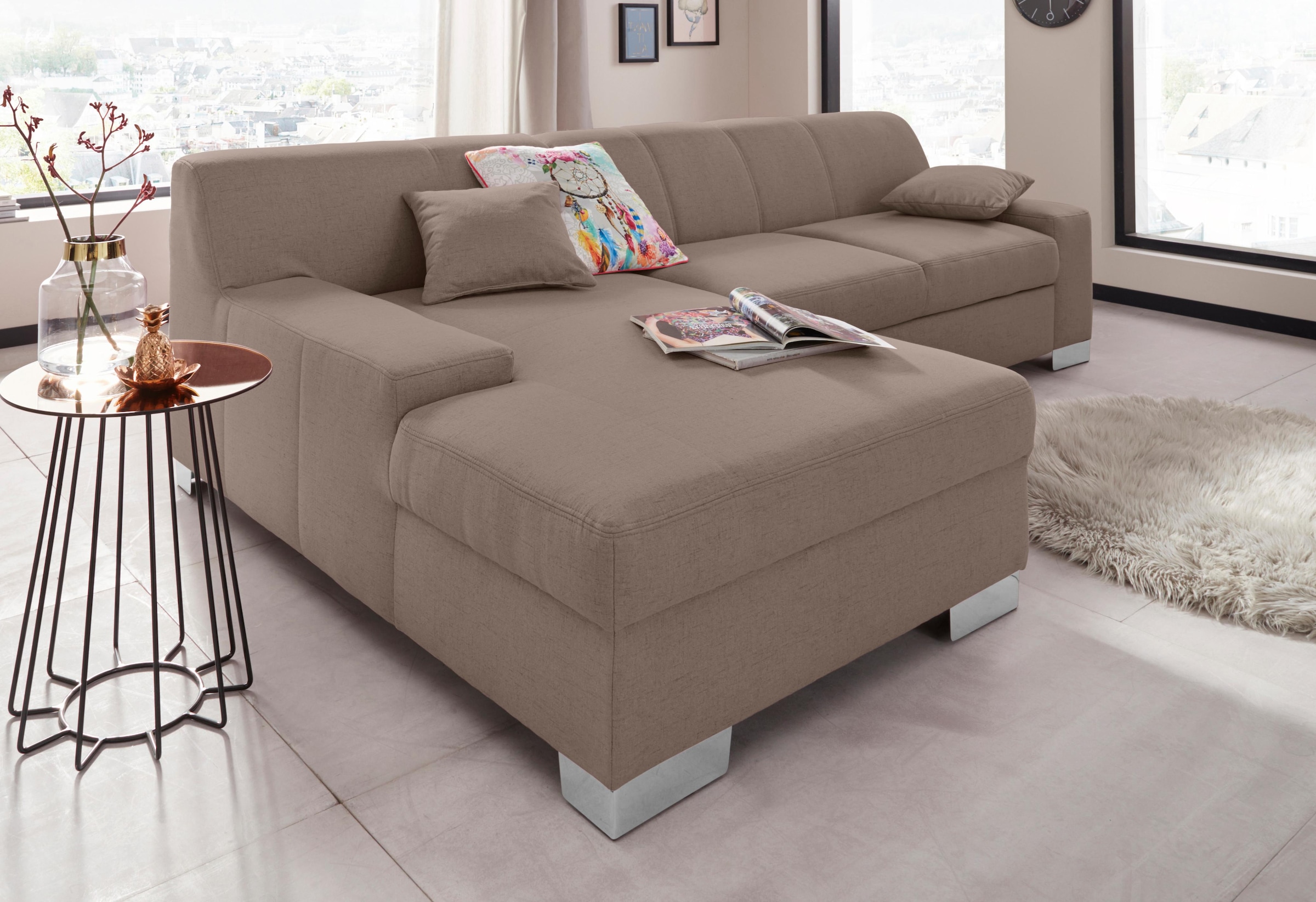 DOMO collection Ecksofa »Bero, elegant und zeitlos, flache Armlehnen, L-Form«, fester Sitzkomfort, wahlweise mit Bettfunktion