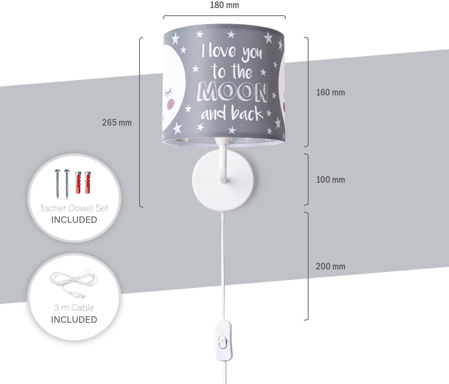Paco Home Wandleuchte »Aleyna 103«, 1 flammig, Leuchtmittel E14 | LED fest integriert, Kinderlampe Babyzimmer Kinderzimmer âˆ…18cm Mond Kabel 3m E14