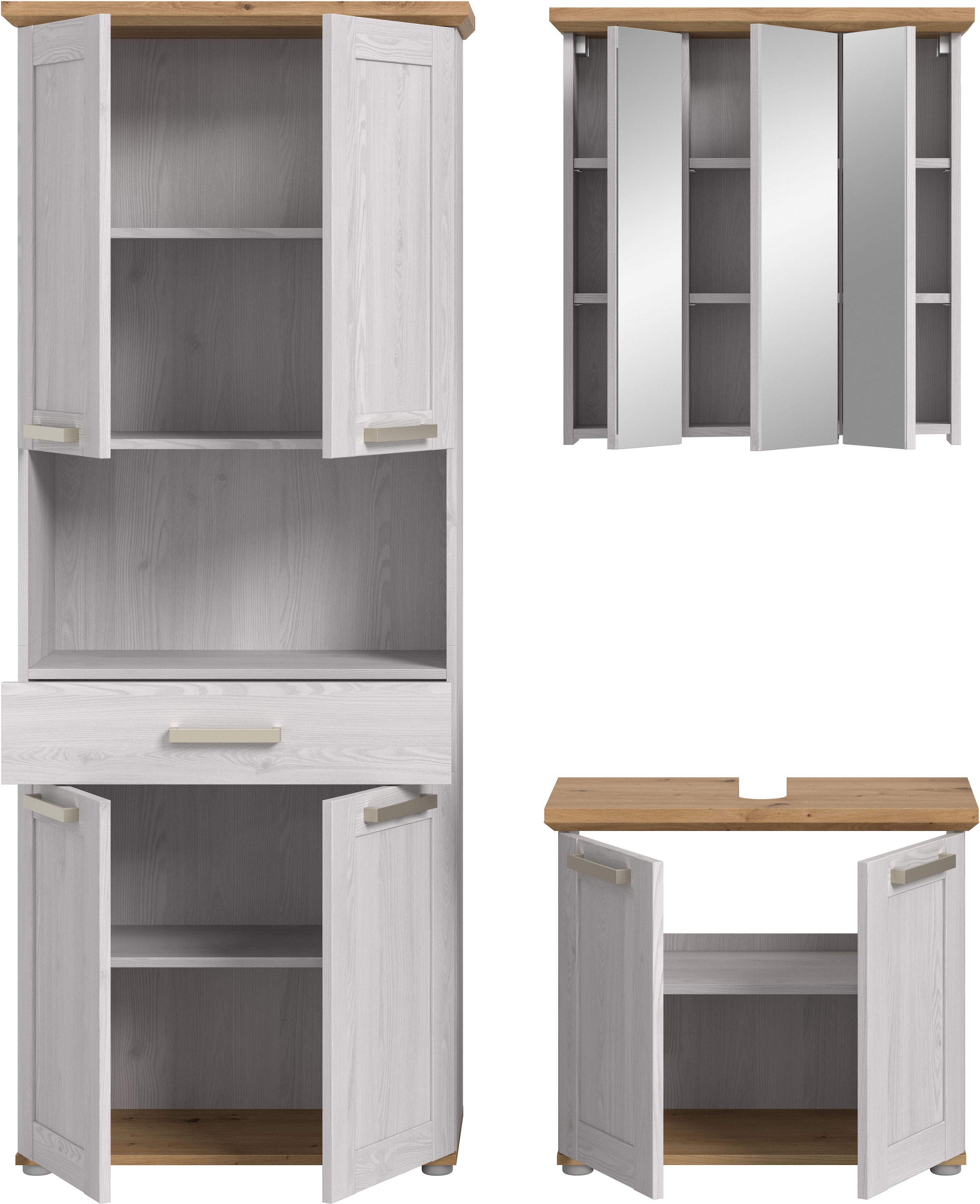 welltime Badmöbel-Set »COSENZA, 3-teilig, in Landhausoptik, mit farblich abgesetztem Kranz« best. aus: Hochschrank, Spiegelschrank und Waschbeckenunterschrank, 3 Stk. tlg.