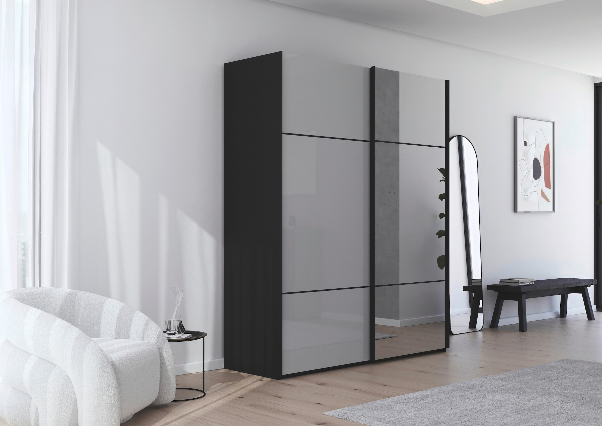 rauch Schwebetürenschrank »Kleiderschrank Schrank Garderobe Schlafzimmerschrank SCALE-TRIO« edle dreigeteilte Front mit 2 Zierleisten Spiegel/Glas MADE IN GERMANY