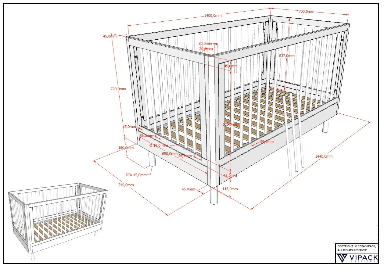 Home affaire Babybett »hochwertig, stabil gebaut, Made in Europe, Oberfläche geölt lt. EN71-3«, 70/140 cm, mit Schlupfsprossen und Lattenrost, höhenverstellbar