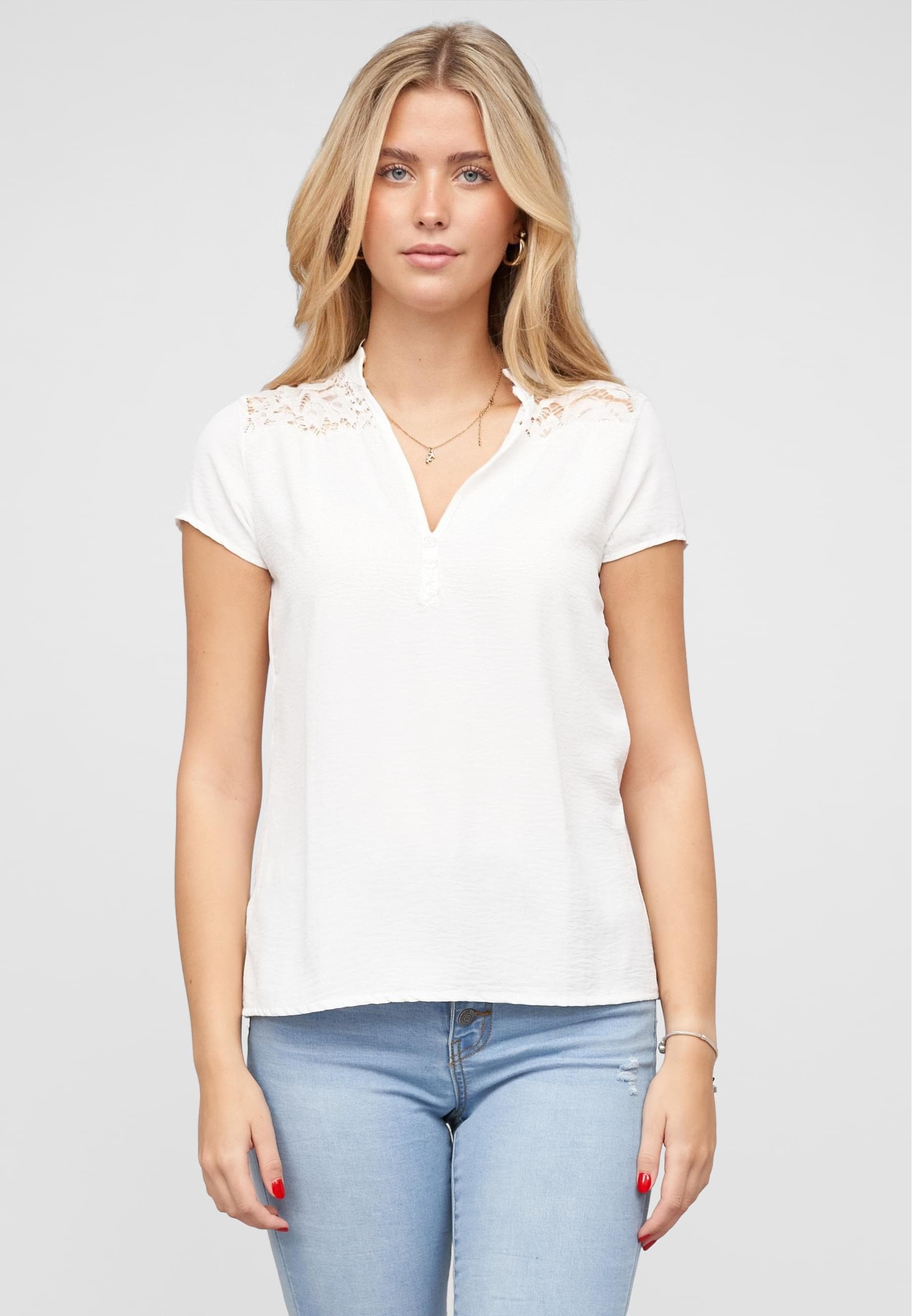 CLOUD 5IVE Klassische Bluse »CLOUD 5IVE Musselin Shirt V-Neck mit Deko Knopfleiste und Spitze«