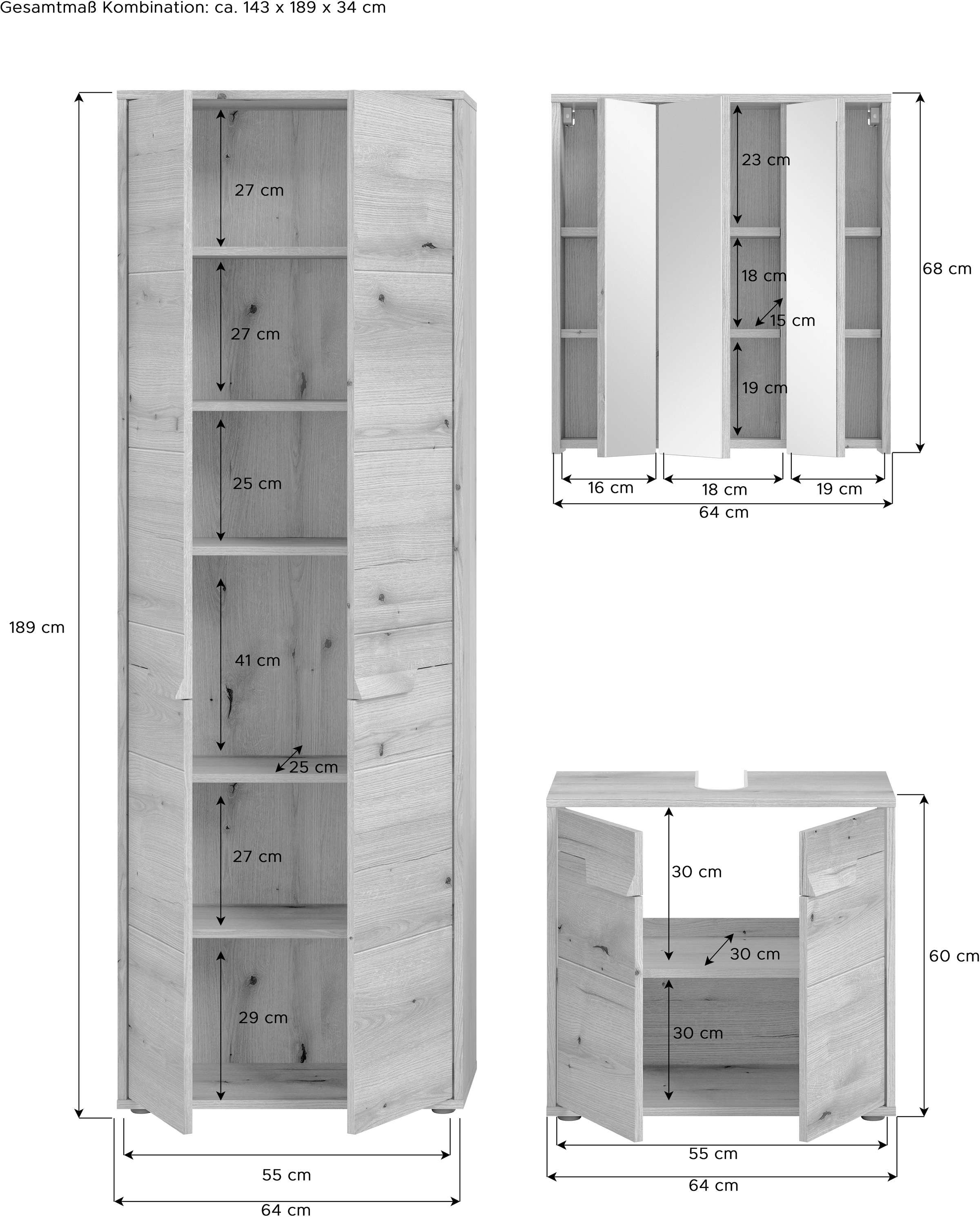 welltime Badmöbel-Set »Kayu, bestehend aus: Hochschrank, Waschbeckenunterschrank,«, Spiegelschrank, hochwertige MDF Front mit Rillenfräsung, Bad, Bad Set