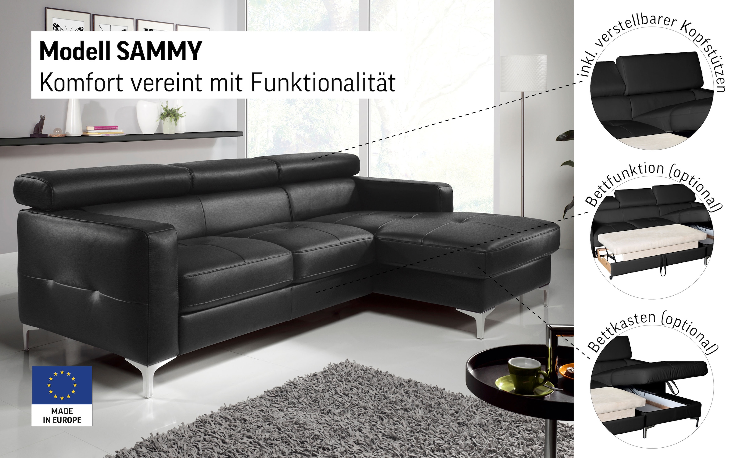 COTTA Ecksofa »Sammy L-Form«, mit Kopfteilverstellung, wahlweise mit Bettfunktion & Bettkasten