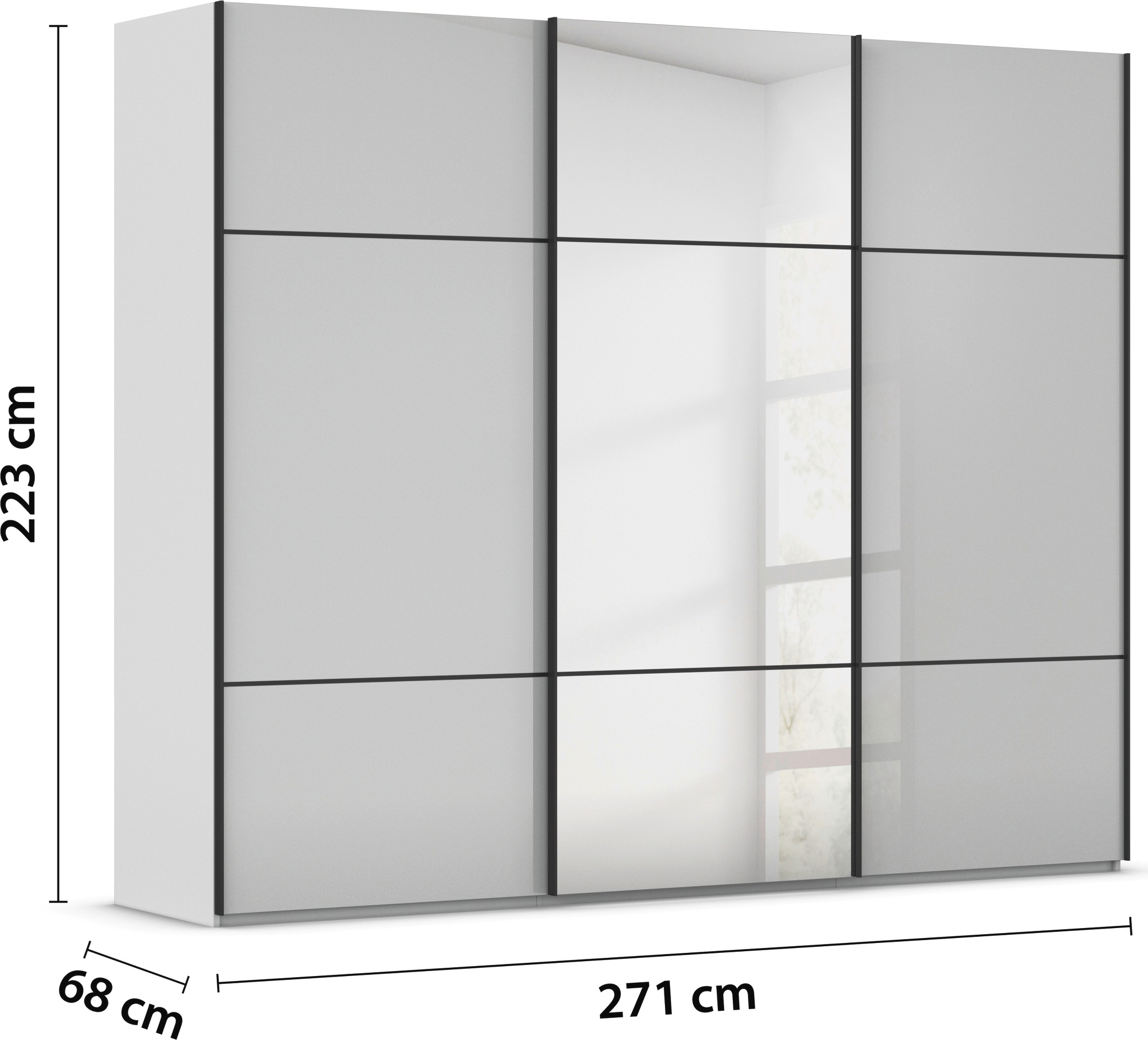 rauch Schwebetürenschrank »Kleiderschrank Schrank Garderobe Schlafzimmerschrank SCALE-TRIO«, edle dreigeteilte Front mit 2 Zierleisten Spiegel/Glas MADE IN GERMANY