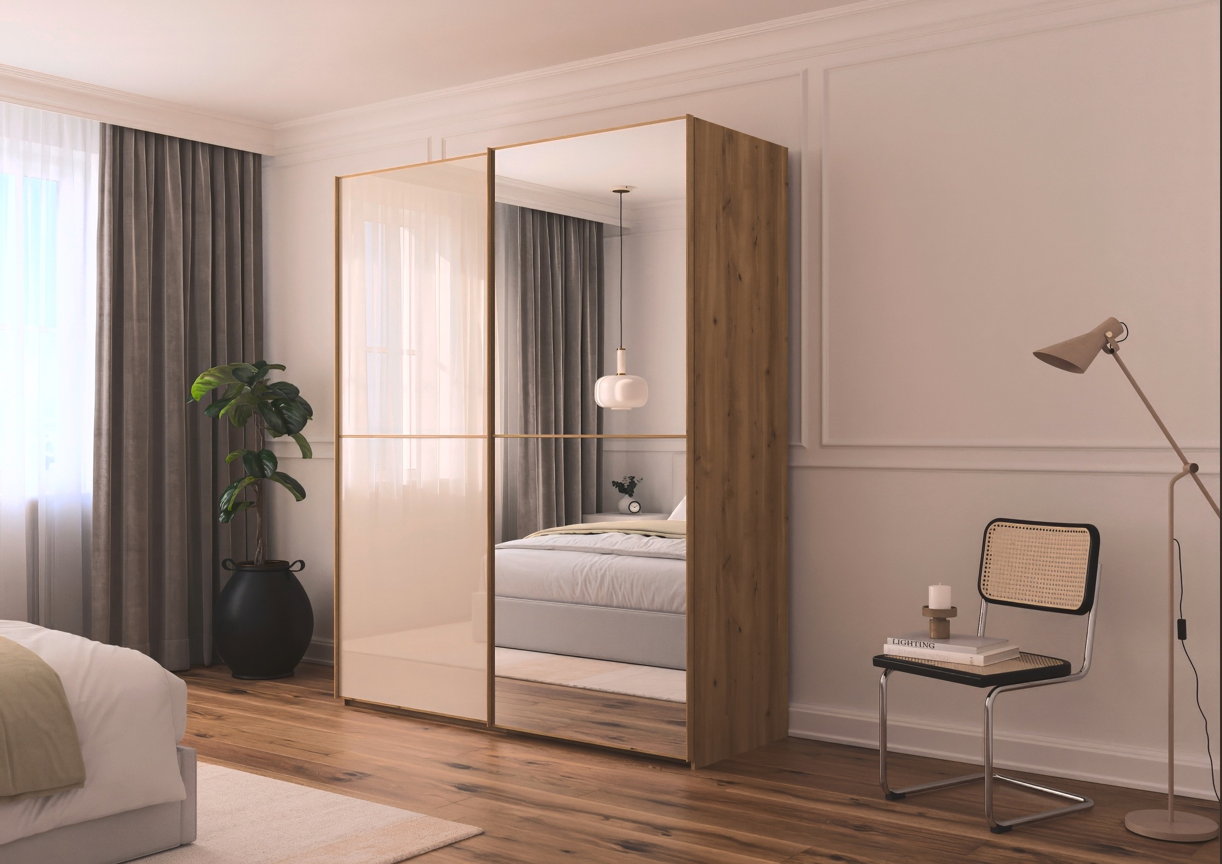 rauch Schwebetürenschrank »Kleiderschrank Schrank Garderobe Schlafzimmerschrank SCALE-DUO«, edle zweigeteilte Türen Spiegel/Glas-Mix 3 Zierleisten MADE IN GERMANY