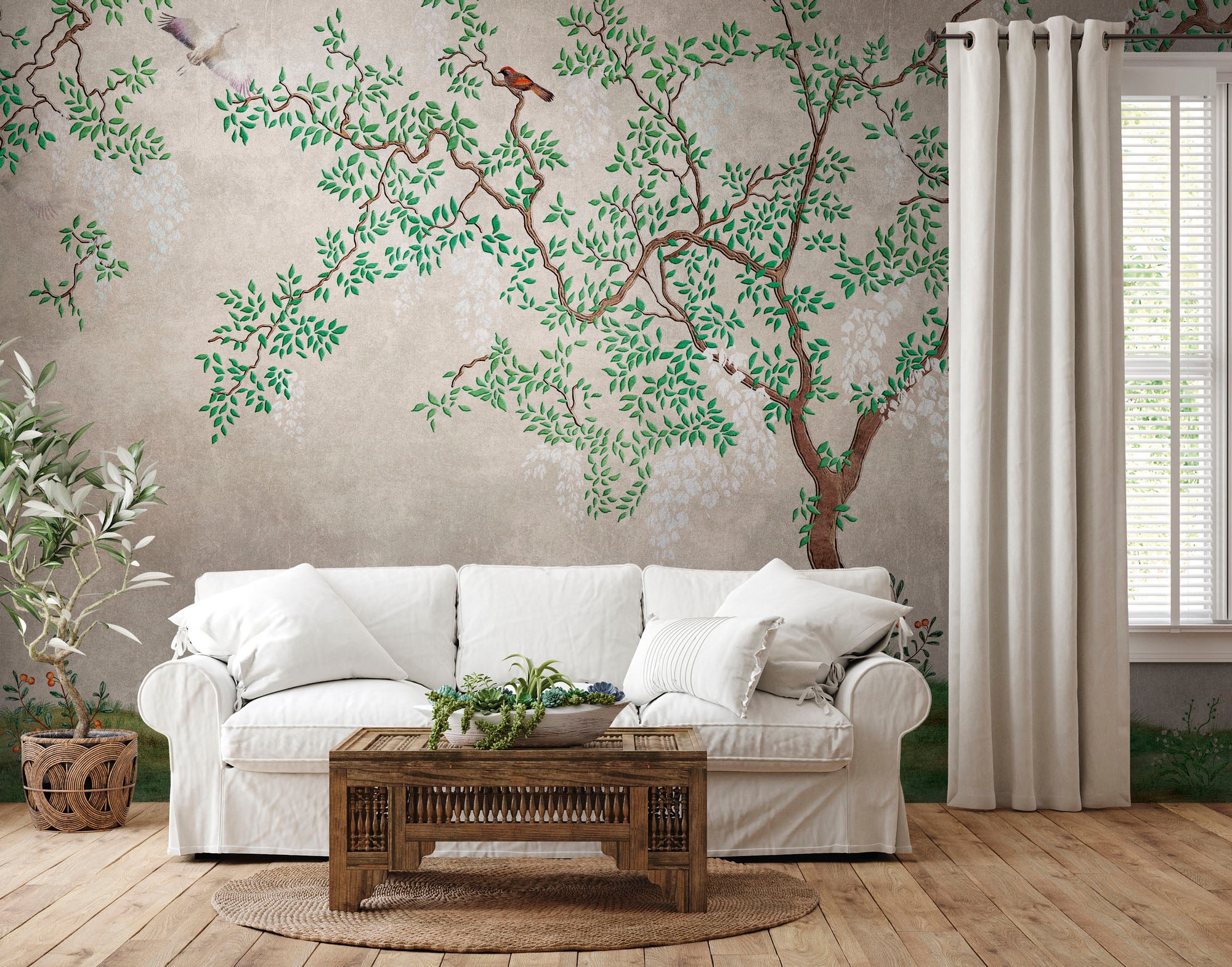 living walls Fototapete »The Wall«, asiatisch-animal print-Wald, Fototapete Landhaus Tapete Vögel Tapeten Wohnzimmer Design Wandtapete