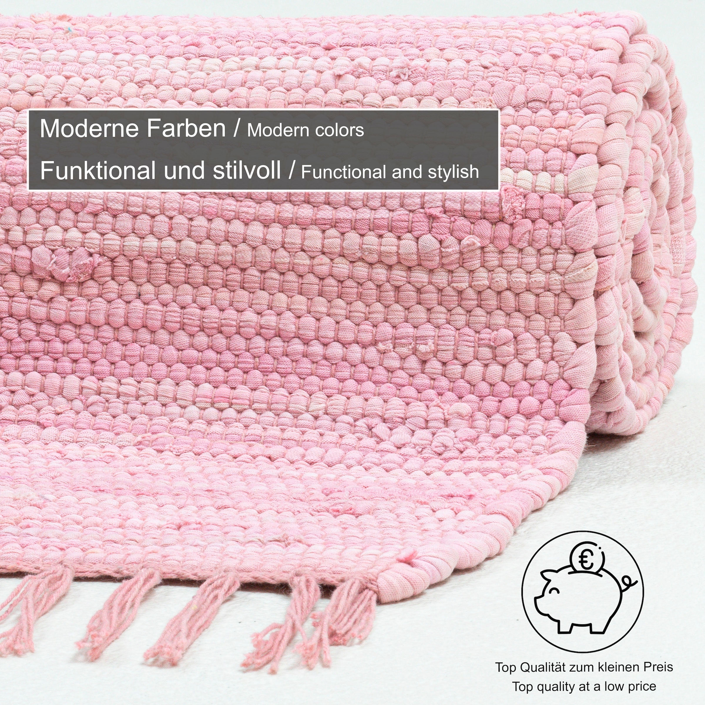THEKO Teppich »Happy Cotton«, rechteckig, 5 mm Höhe, Handweb Teppich, Flachgewebe, reine Baumwolle, handgewebt, mit Fransen