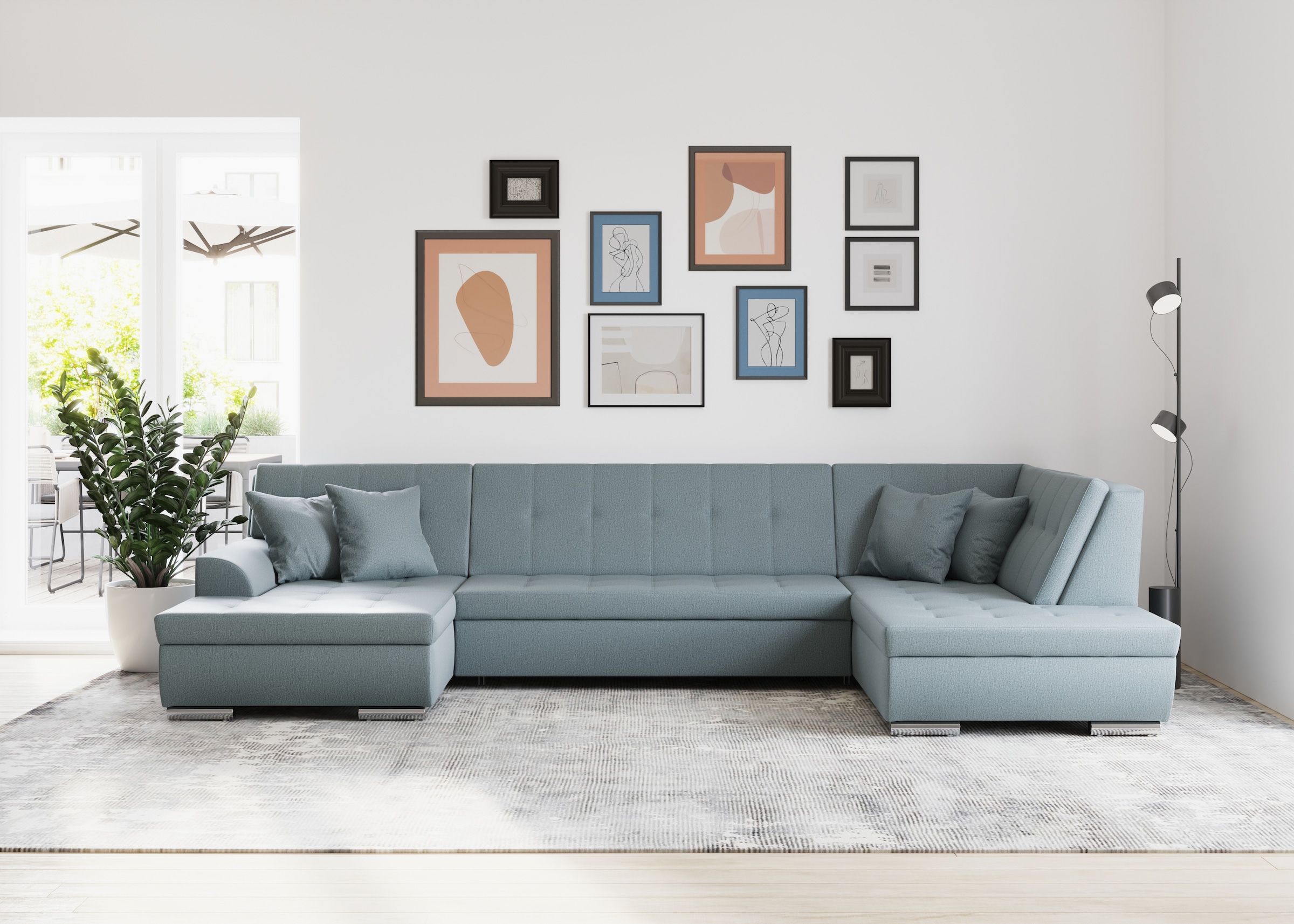 DOMO collection Wohnlandschaft »Treviso incl. Zierkissen, moderne Steppung, XXL: B/T/H: 364/201/83 cm«, wahlweise mit Bettfunktion, in vielen Bezugsarten auch in Cord U-Form