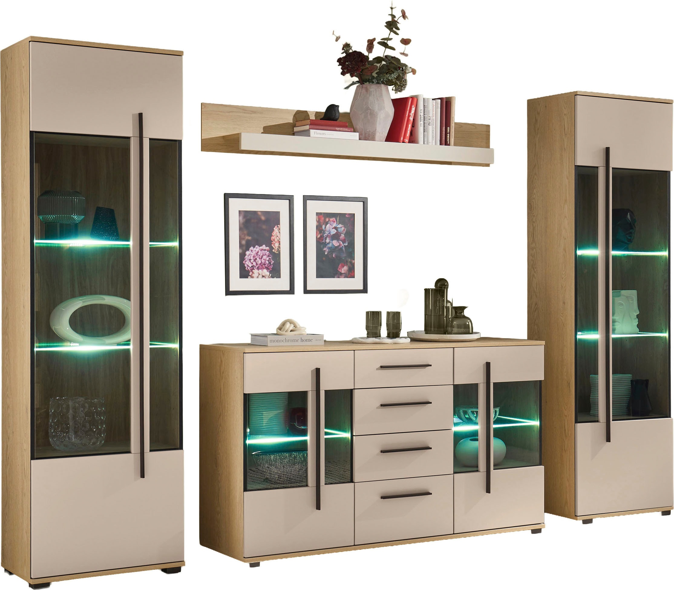 Home affaire Wohnwand »Cantara, Anbauwand, Wohnzimmer-Set, in Eiche Evoke, Weiß oder Kaschmir« Set, 4 Stk. tlg.