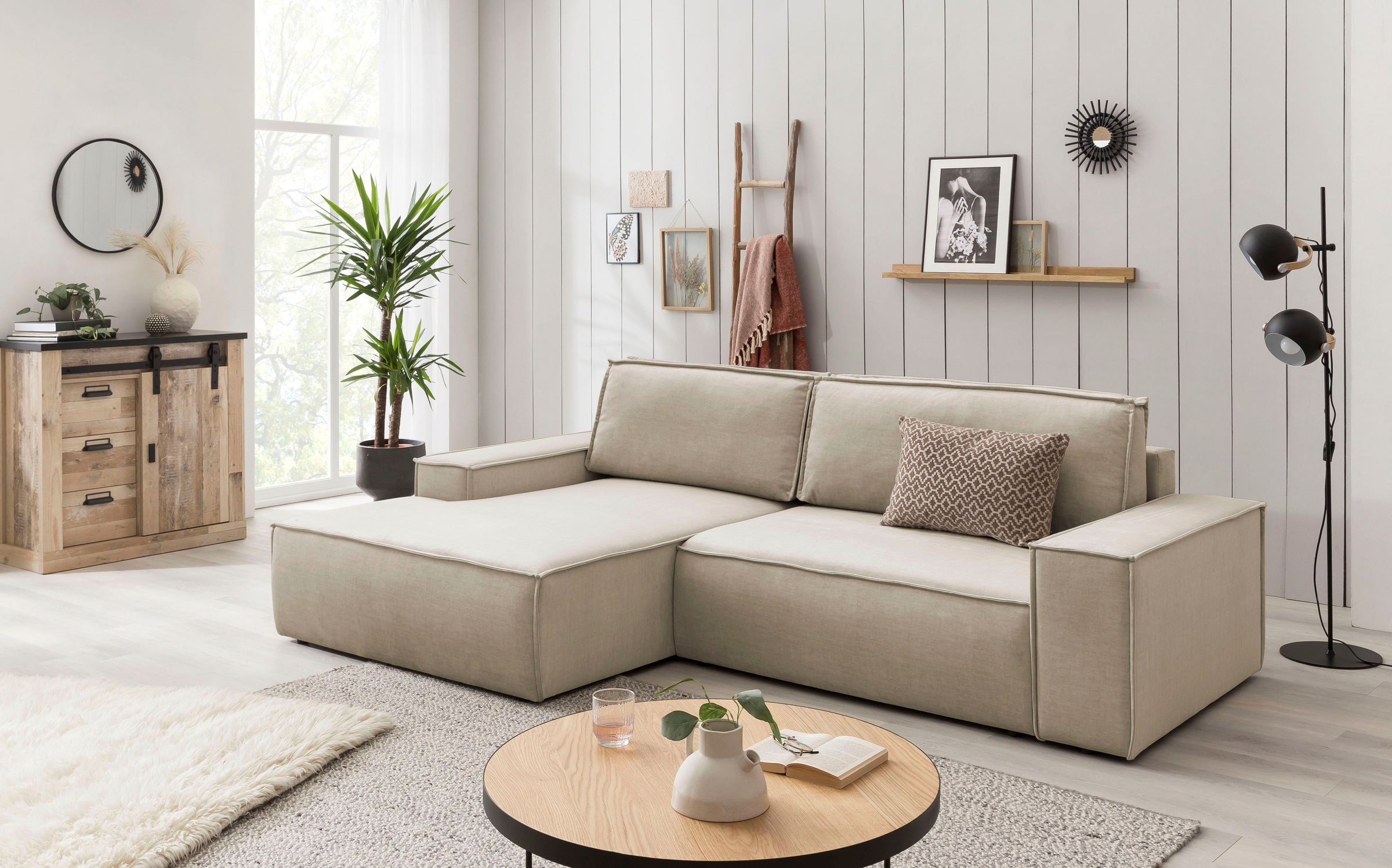 Home affaire Ecksofa SHERWOOD Schlafsofa 267 cm, L-Form, Schlaffunktion mit Bettkasten (210x136 cm), Cord, Vintage, Samtvelours