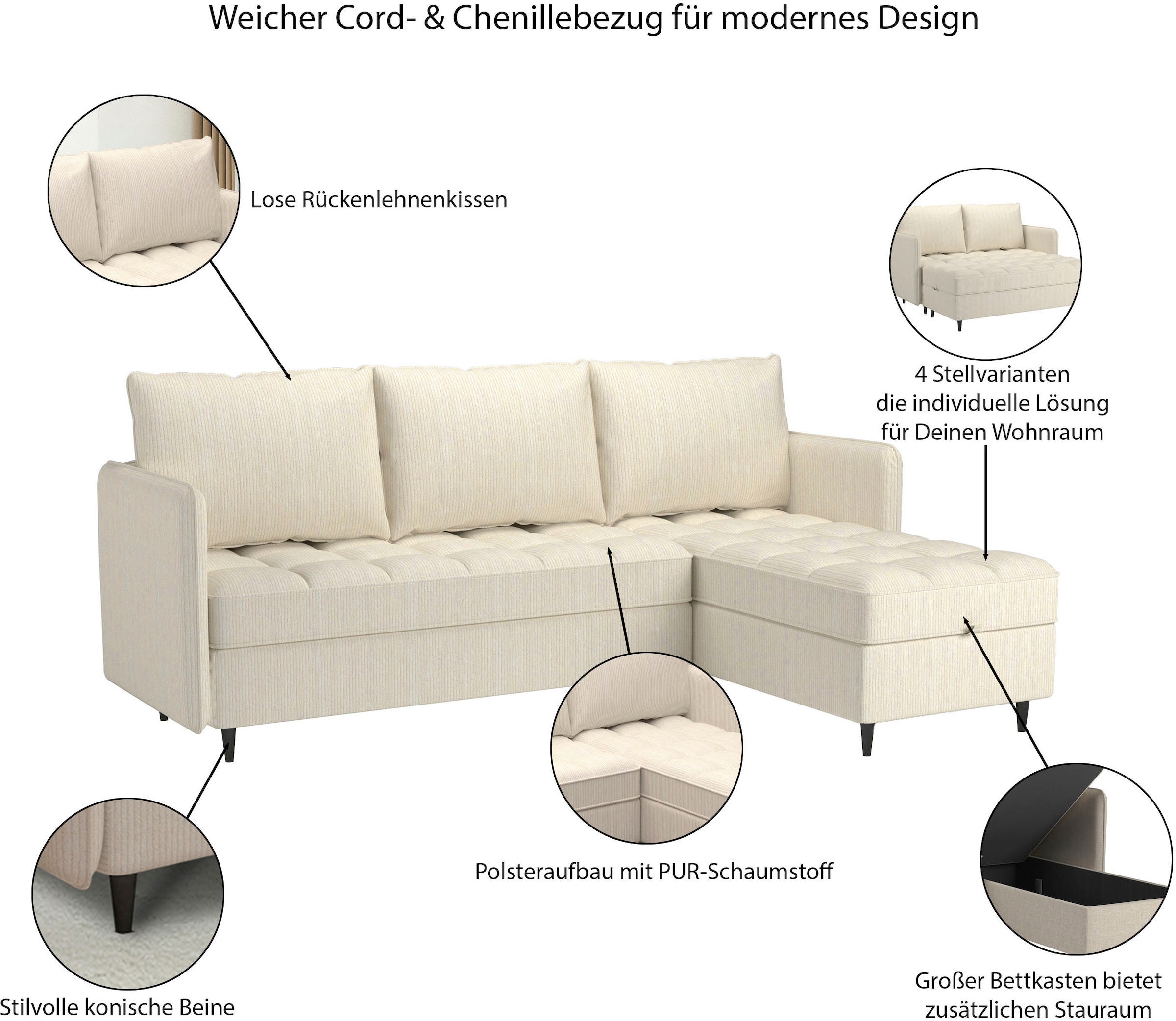Dorel Home Ecksofa »LINDHUS, L-Form, verschiedene Stellvarianten, Schlaf-Liege« Modulsofa, Recamiere, großer Bettkasten, Cord, Chenille