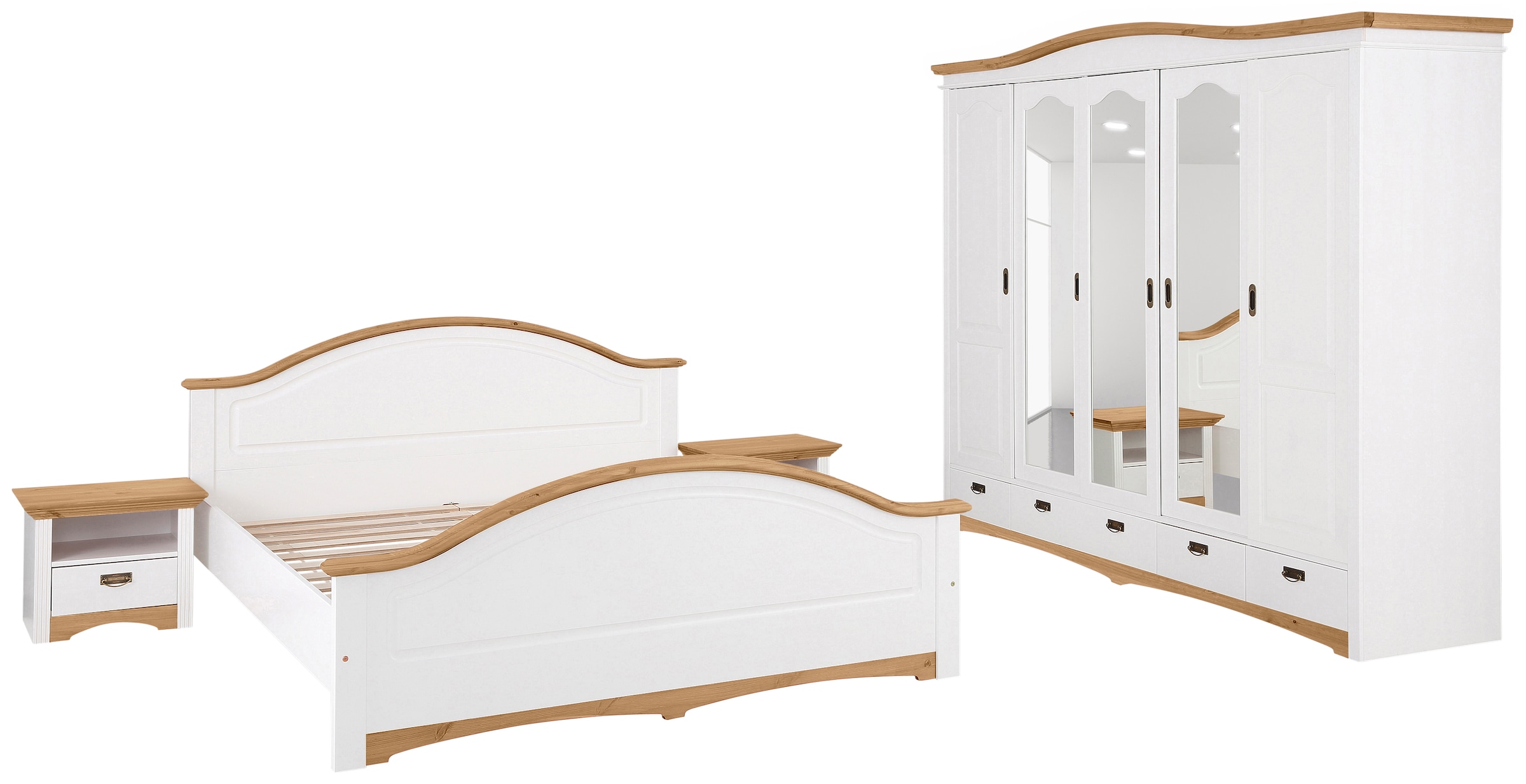 Schlafzimmer-Set OTTO HOME Konrad, komplettes Schlafzimmer mit großem Schrank, gelb (weiß, honigfarben), Schlafzimmermöbel-Sets, Schlafzimmer-Set, mit 5-trg. Kleiderschrank, Bett 180/200 cm und 2 Nachttischen