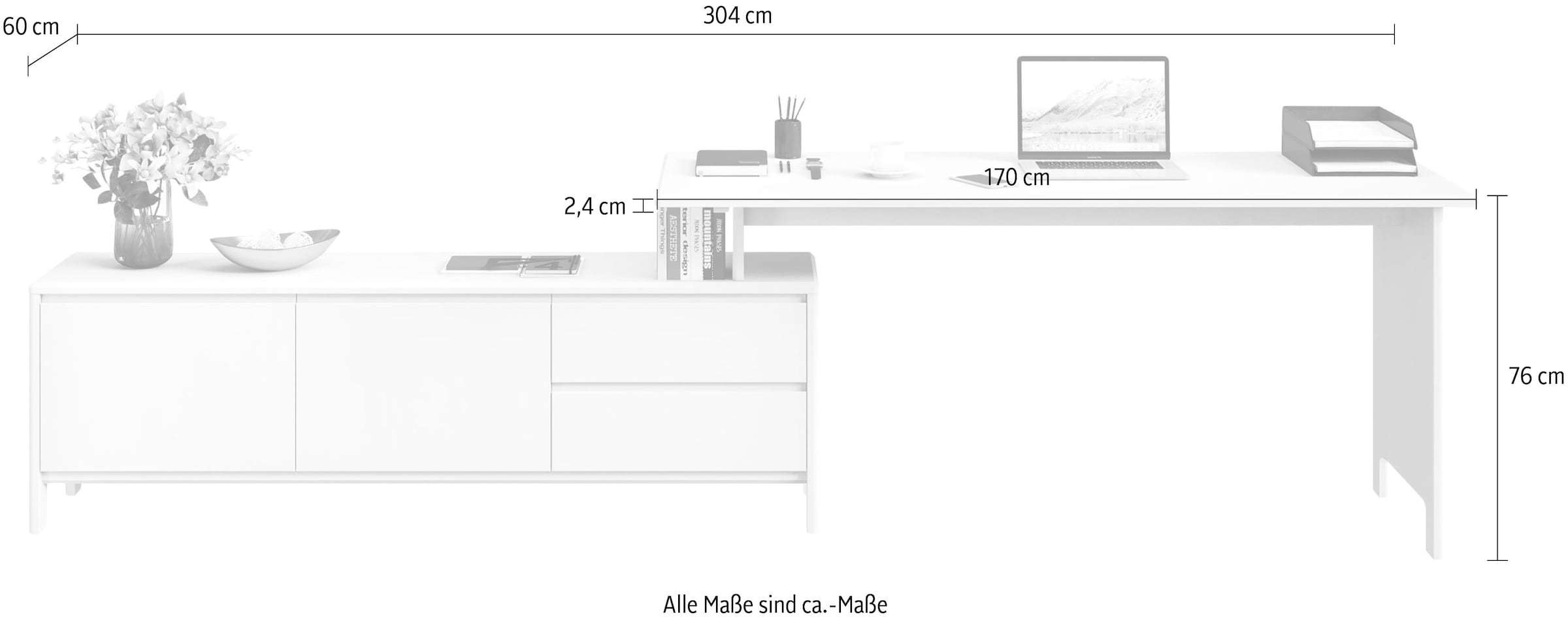 Home affaire Schreibtisch »Luven«, Breite 170-304 cm, Eckschreibtisch aus Massivholz