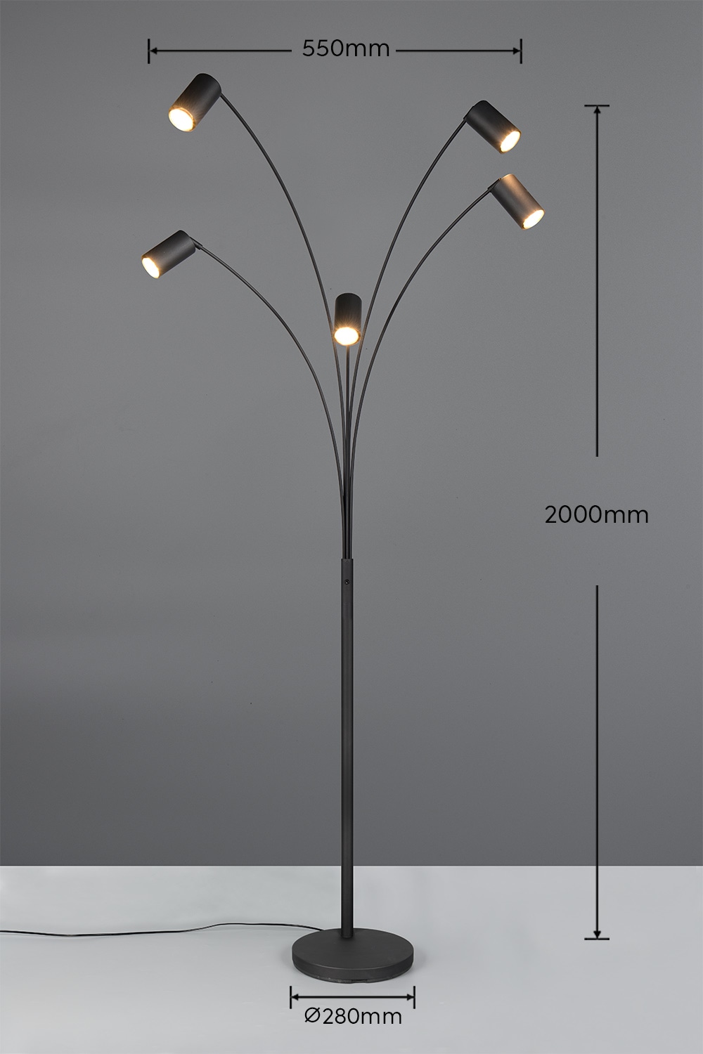 TRIO Leuchten Stehlampe »MARLEY, 5-flammige Bogenleuchte, exkl 5x GU10 max 10W, Kippschalter«, 5 flammig, Leuchtmittel GU10 | Leuchtmittel wechselbar, Höhe 200 cm, Leuchtenarme flexibel verstellbar Leseleuchte Stehleuchte