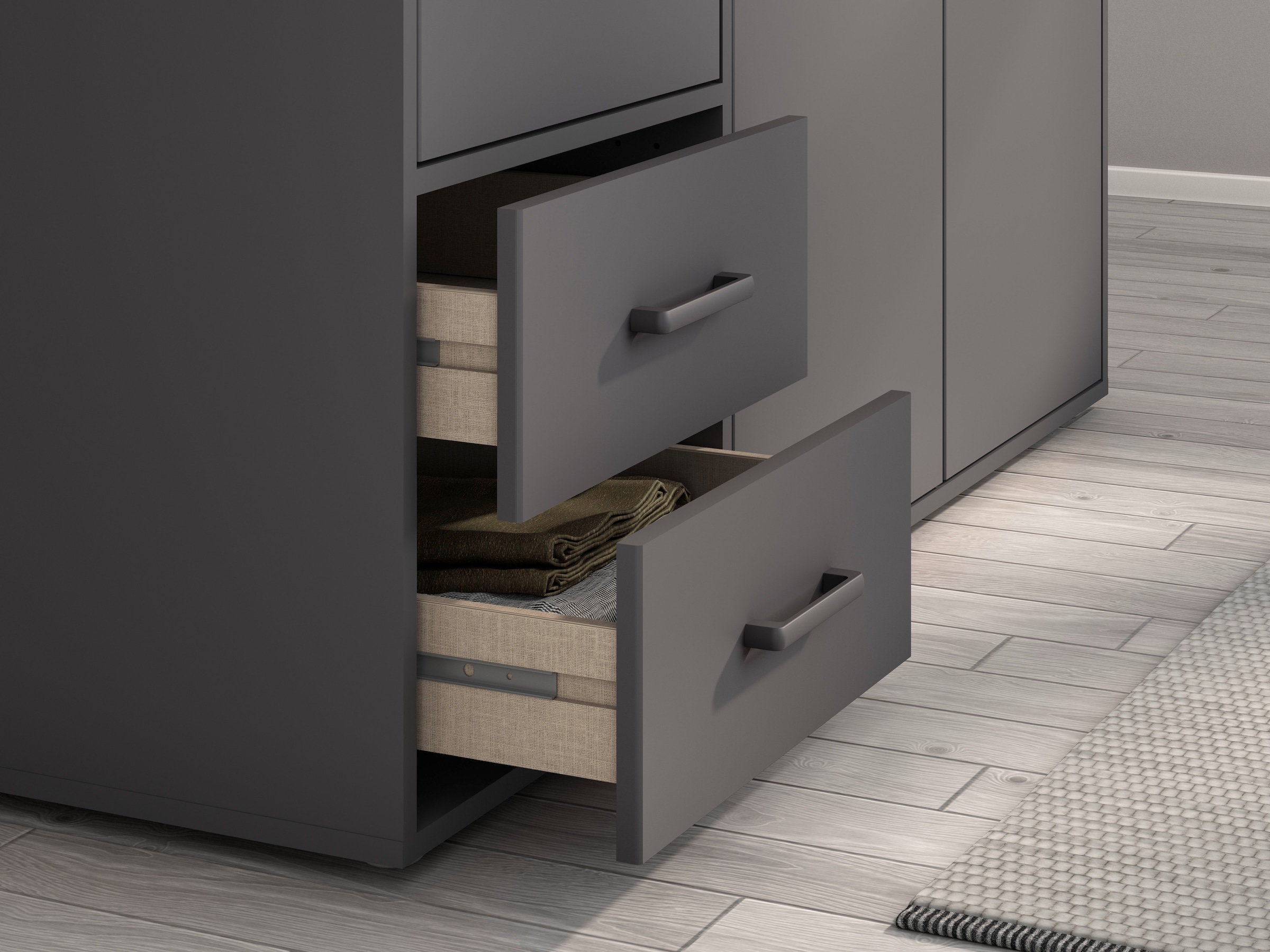 rauch Drehtürenschrank »Kleiderschrank Schrank Garderobe Wäscheschrank VOYAGER«, (in 3 verschiedenen Ausstattungen BASIC/CLASSIC/PREMIUM), moderne Griffe in Graumetallic mit Außenschubkästen MADE IN GERMANY