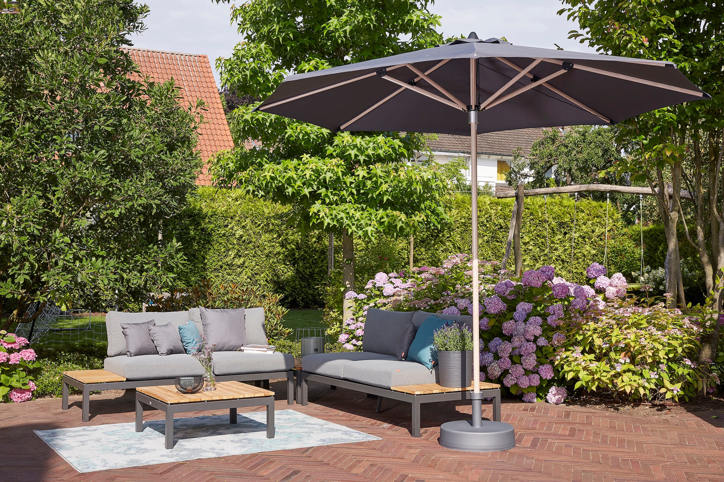 Siena Garden Gartenlounge-Set »Alvida«, (Set, 15 tlg.), best. aus 2 Sofas, 1 Ecksofa, 1 Tisch und 12 Kissen