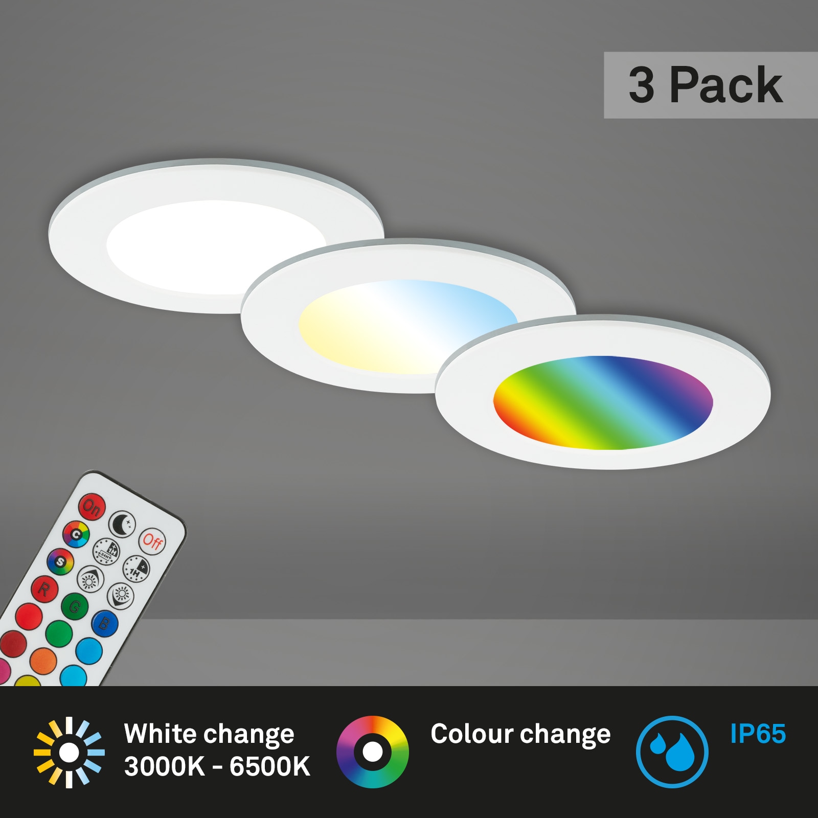 Briloner Leuchten LED Einbauleuchte »3er Set LED Einbauleuchten RGB-CCT, weiß«, 3er Set LED Einbauleuchten, RGB CCT, Einbaustrahler Bad, Bad IP65
