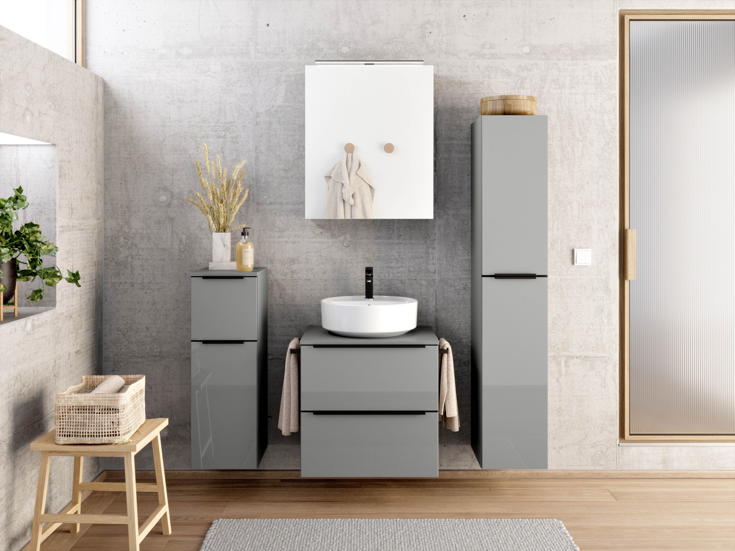 nobilia® Badmöbel-Set »Alvene«, (2 St., vormontiert, mit Soft-Close), inkl. Spiegelschrank mit Beleuchtung und Dimmerfunktion, in 4 Breiten