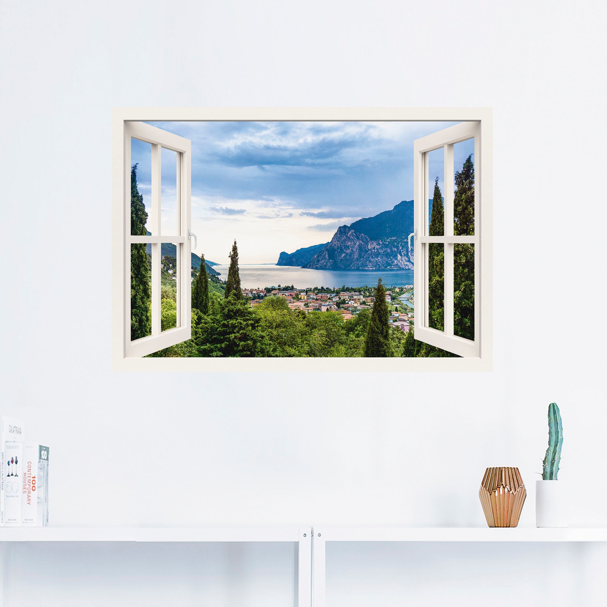 Artland Wandbild »Gardasee durchs weiße Fenster«, Seebilder, (1 St.), als Alubild, Outdoorbild, Leinwandbild, Poster, Wandaufkleber