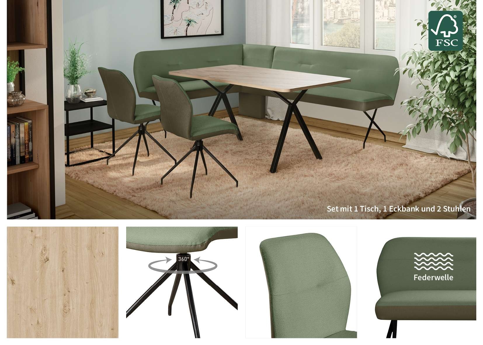 OTTO home Eckbankgruppe »Gabi Essecke, Sitzgruppe, Eckbankgruppe, Küchenbankgruppe« Set, 4tlg, 4 tlg. tlg. Stuhl: 360° drehbar (Rückst.), 2-Stoff-Design. Wellenfederung Eckbank