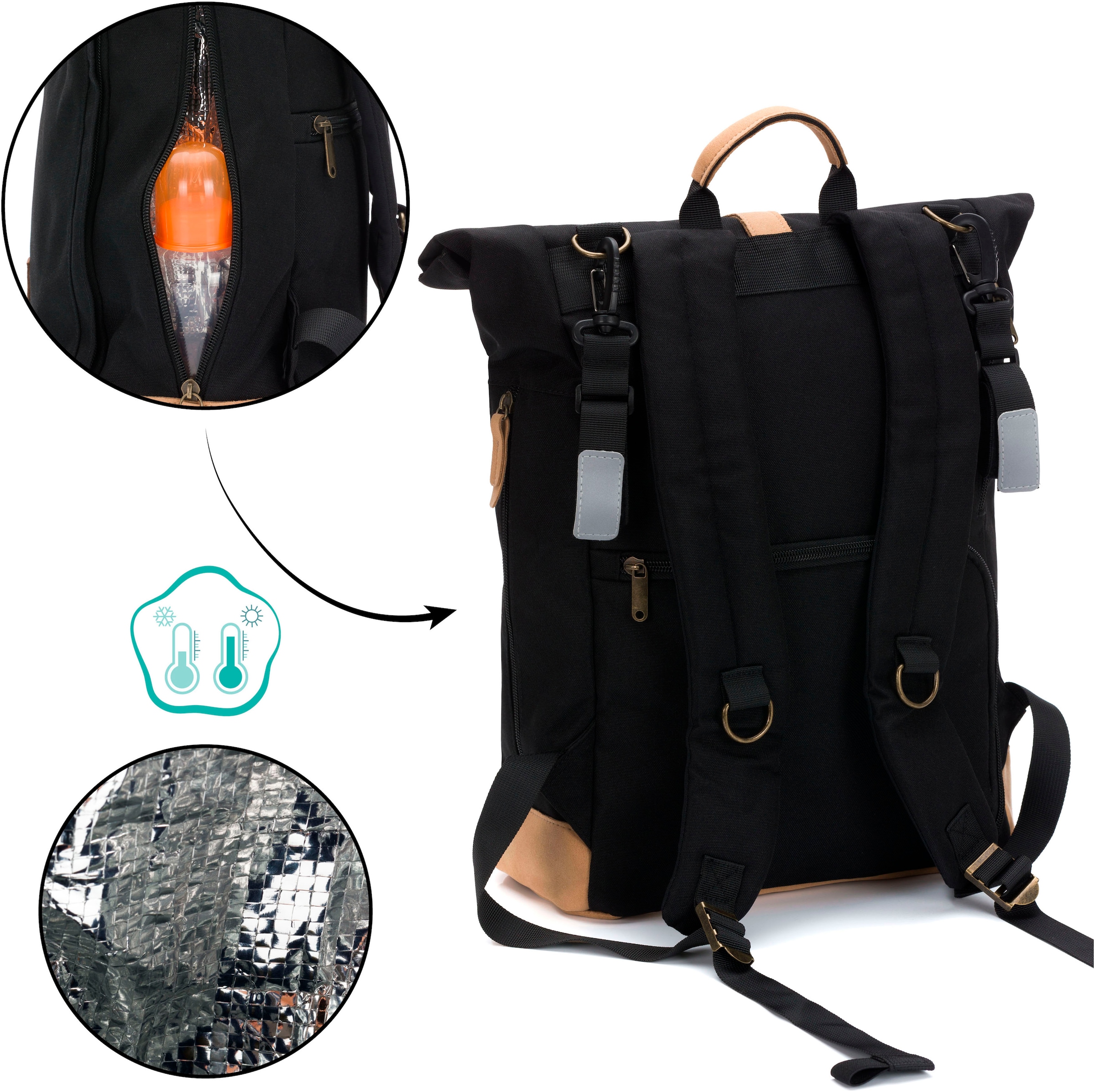 Fillikid Wickelrucksack »Rolltop Berlin schwarz«, Reflektoren, inkl. Wickeltunterlage