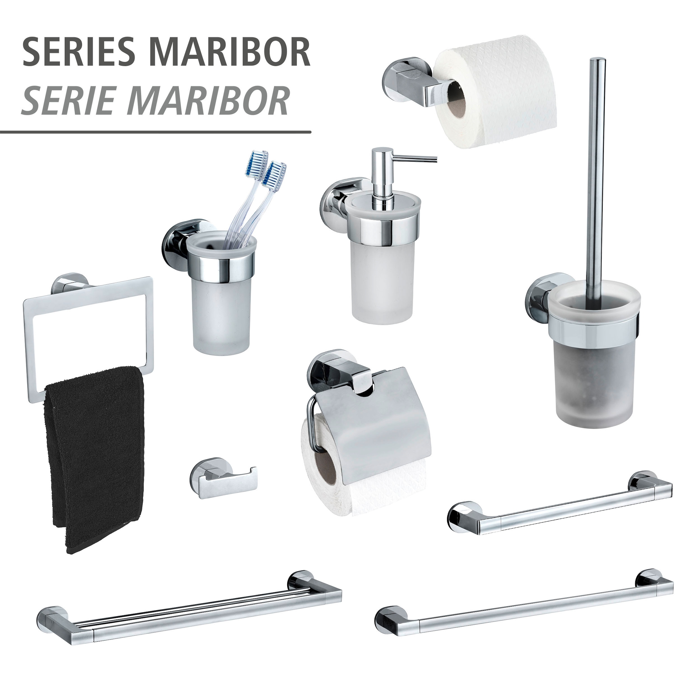 WENKO WC-Garnitur »UV-Loc® Maribor«, aus Zinkdruckguss-Glas, befestigen ohne Bohren, Bürstenkopf auswechselbar
