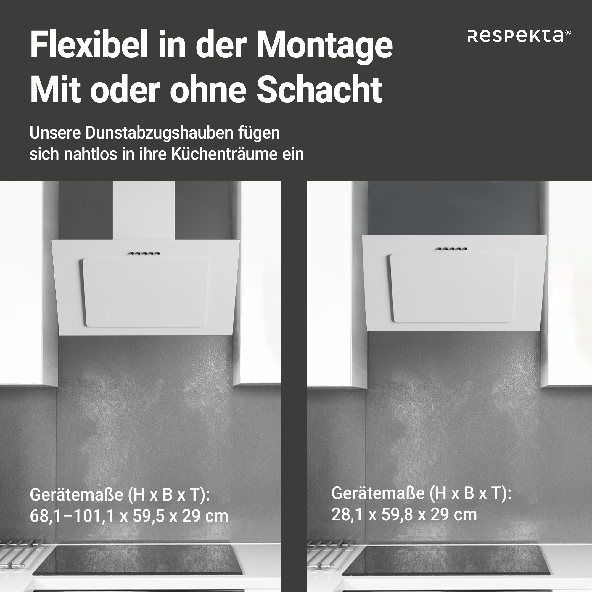 RESPEKTA Kopffreihaube »CH 33060«, 60 cm, 3 Leistungsstufen, LED-Beleuchtung, Ab- und Umluftfähig