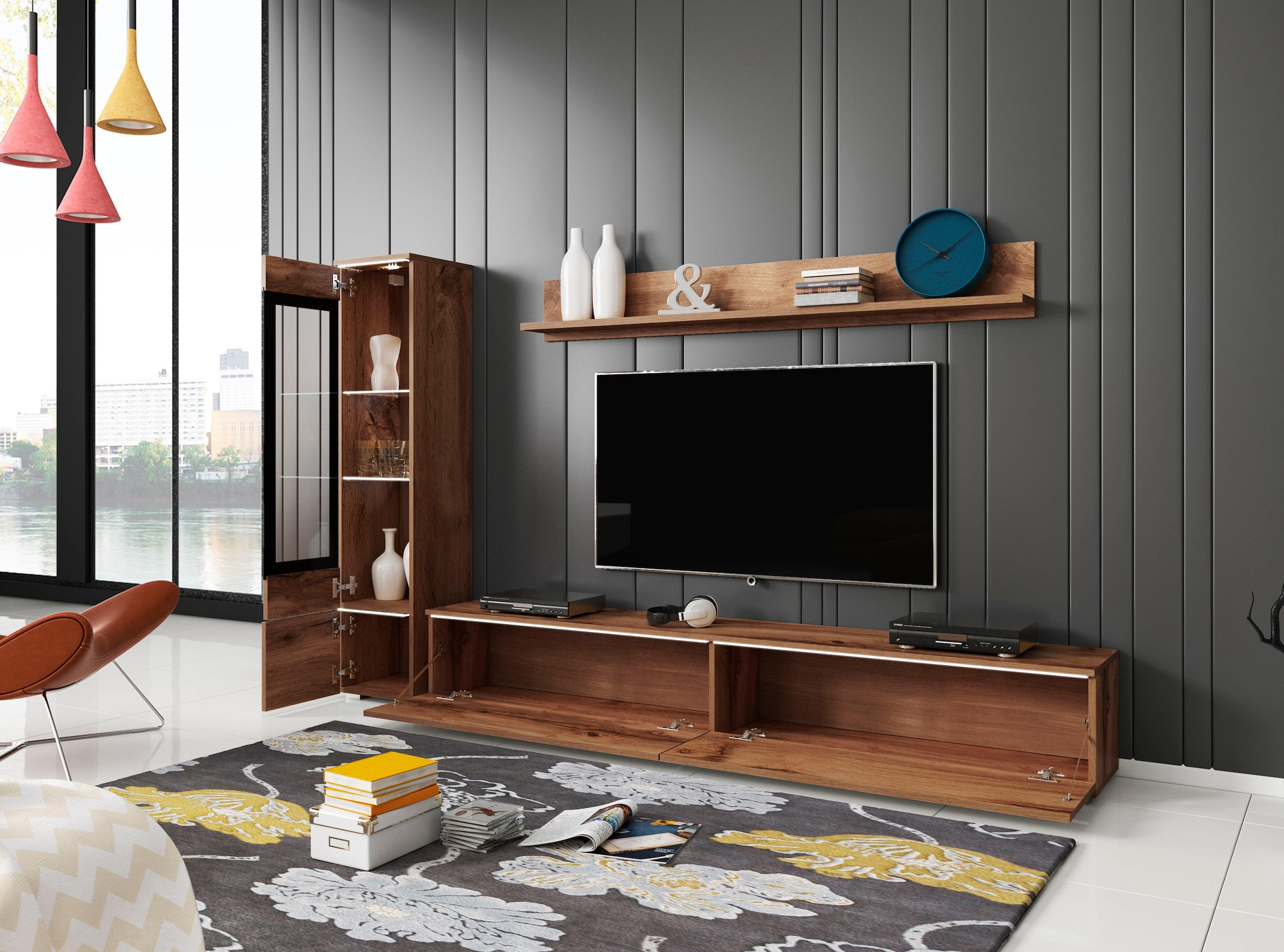 INOSIGN Wohnwand »VERA I, Vitrinen Türanschlag links/rechts wechselbar«, (Komplett-Set, 3 St.), Mediawand 230 cm, Vitrine mit Verglasung, stehend und hängend