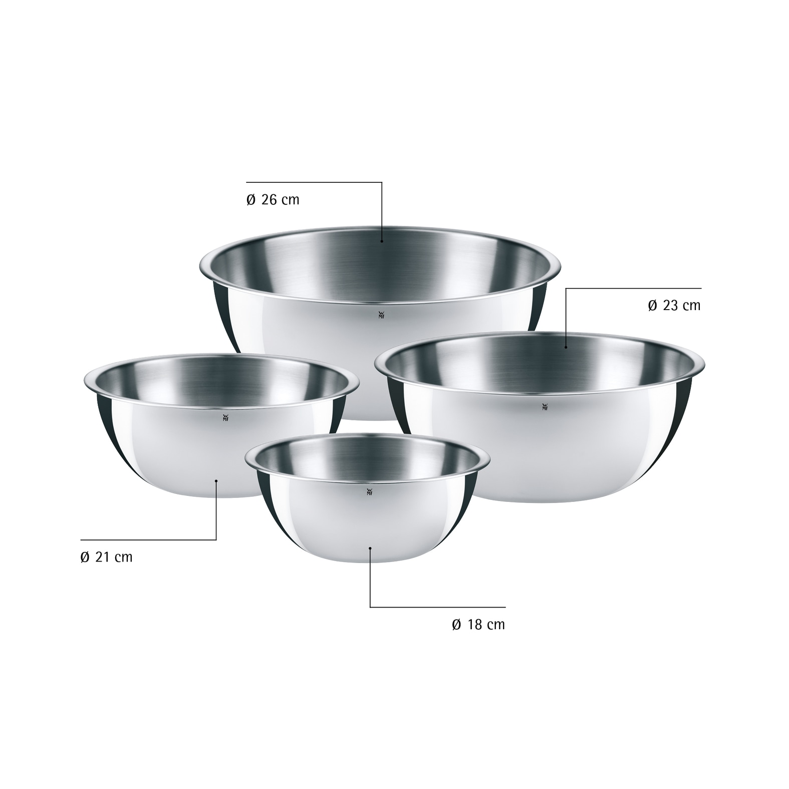 WMF Schüssel »Set Gourmet (Ø 16/18/22/24 cm), 360° Schüttrand, tropffreies Ausgießen« 4 Stk. aus Edelstahl vielseitig, stapelbar, platzsparende Aufbewahrung