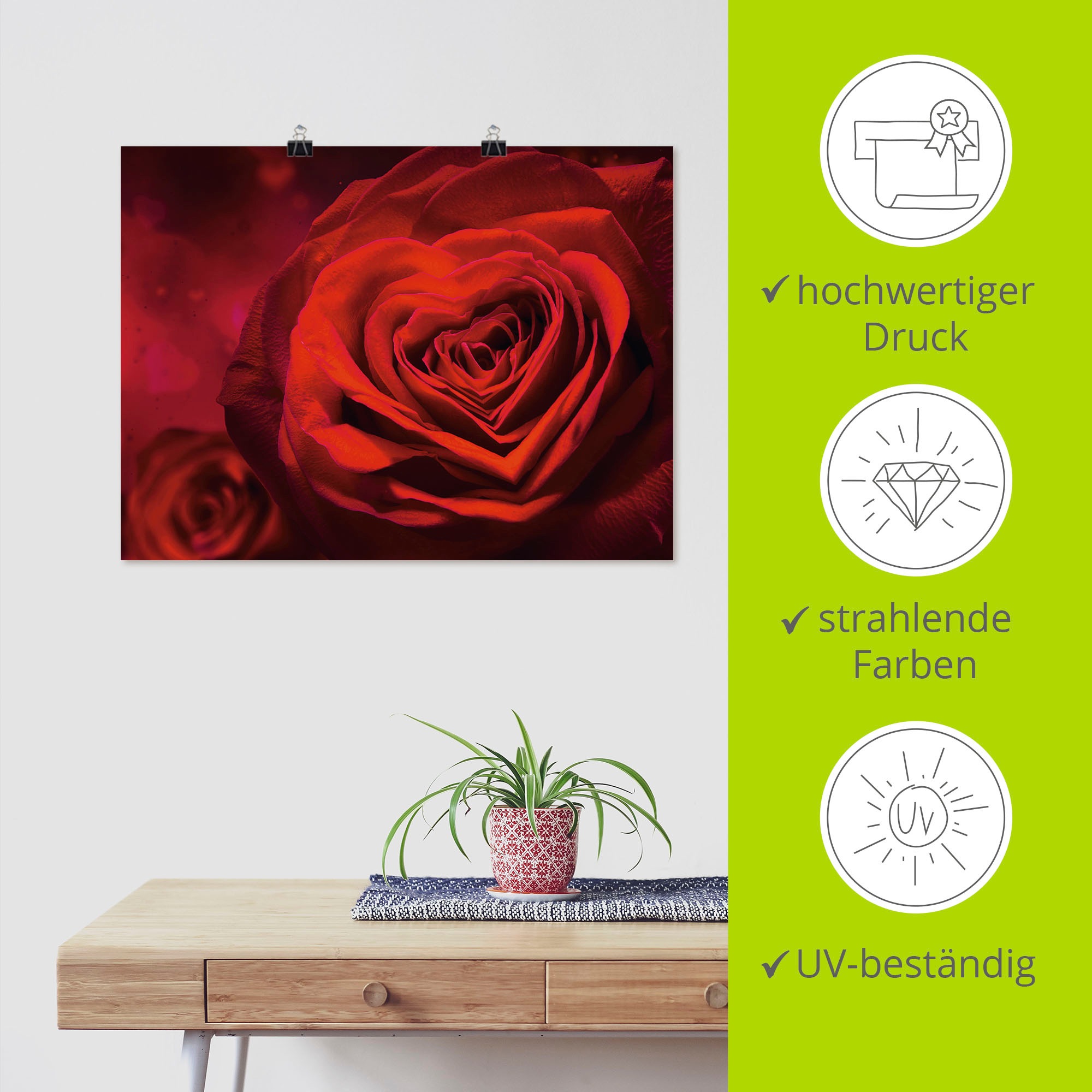 Artland Wandbild »Valentinseinladung mit Herzen und Rosen«, Blumen, (1 St.), als Leinwandbild, Poster, Wandaufkleber in verschied. Größen