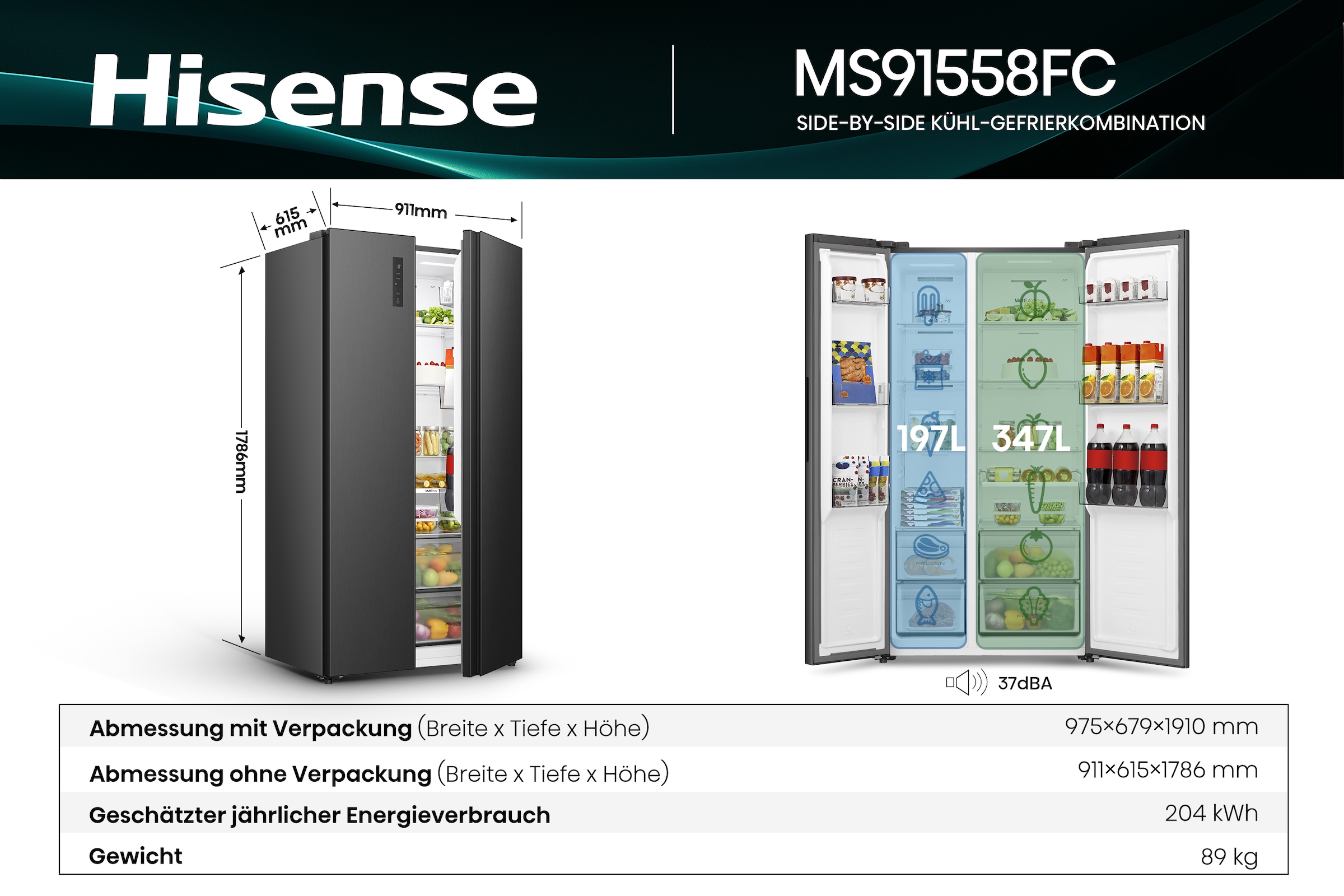 Hisense Side-by-Side »MS91558FC« 178,6 cm hoch 91,1 cm breit MultiAirFlow-System