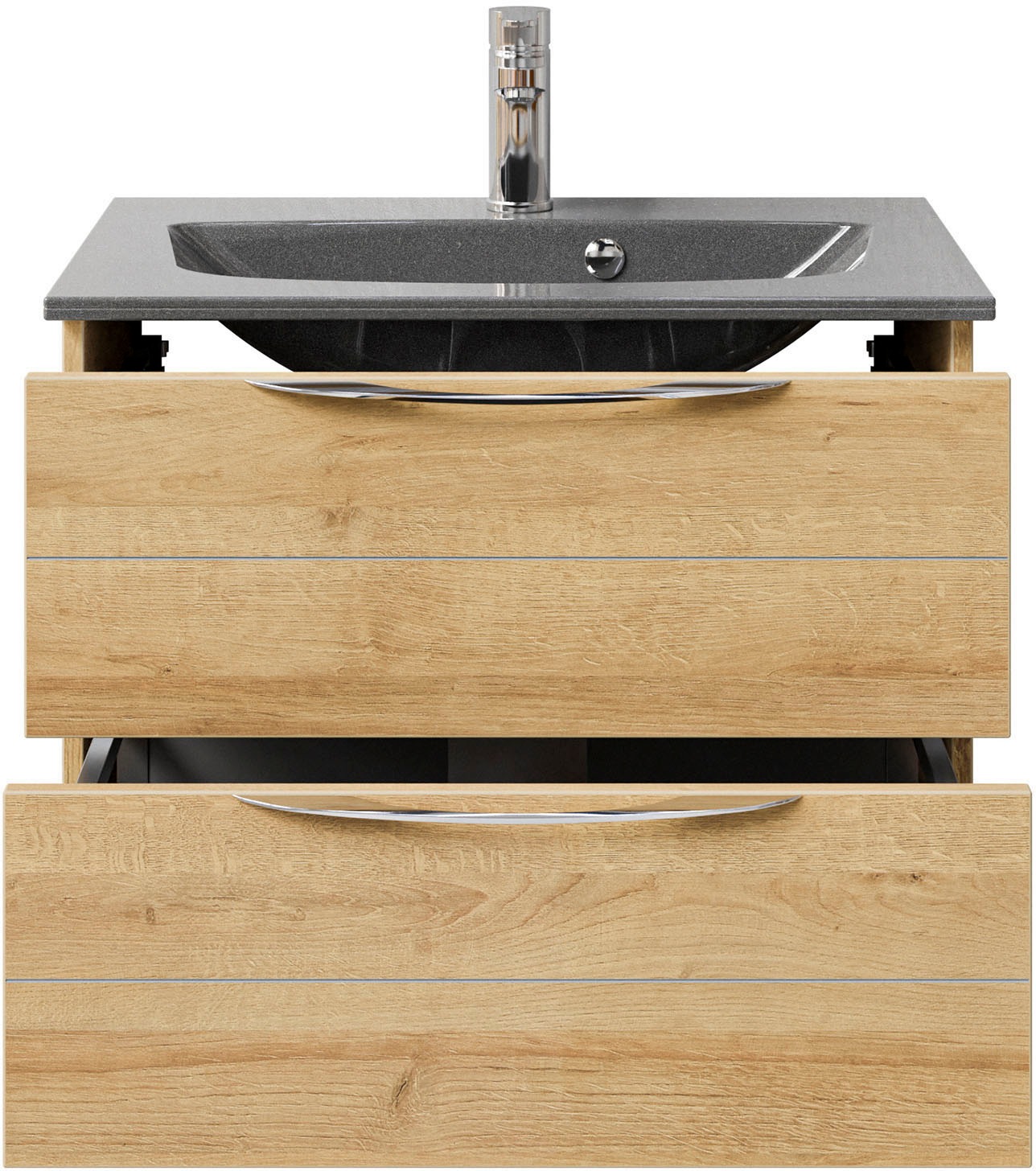 Saphir Badmöbel-Set »Serie 6025 2-teilig Mineralmarmor-Waschtisch mit LED-Spiegelschrank«, (2 St.), Waschplatz 67 cm breit, 2 Schubladen, 2 Spiegel-Türen, inkl Türdämpfer
