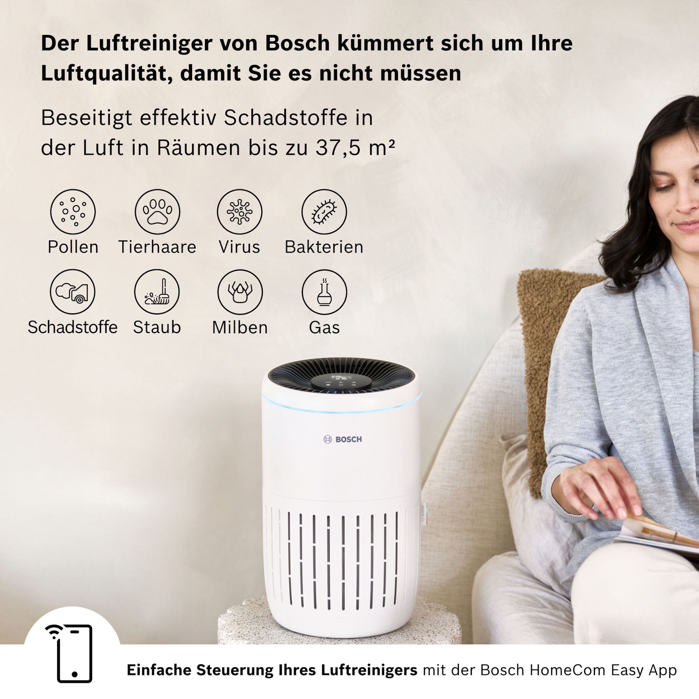 BOSCH Luftreiniger »Air 2000i, kompakt mit App-Steuerung« für 37 qm Räume mit 3-in-1 Luftfilter, Smart Sensor, Automatik-, Ruhemodus < 25 dB(A)