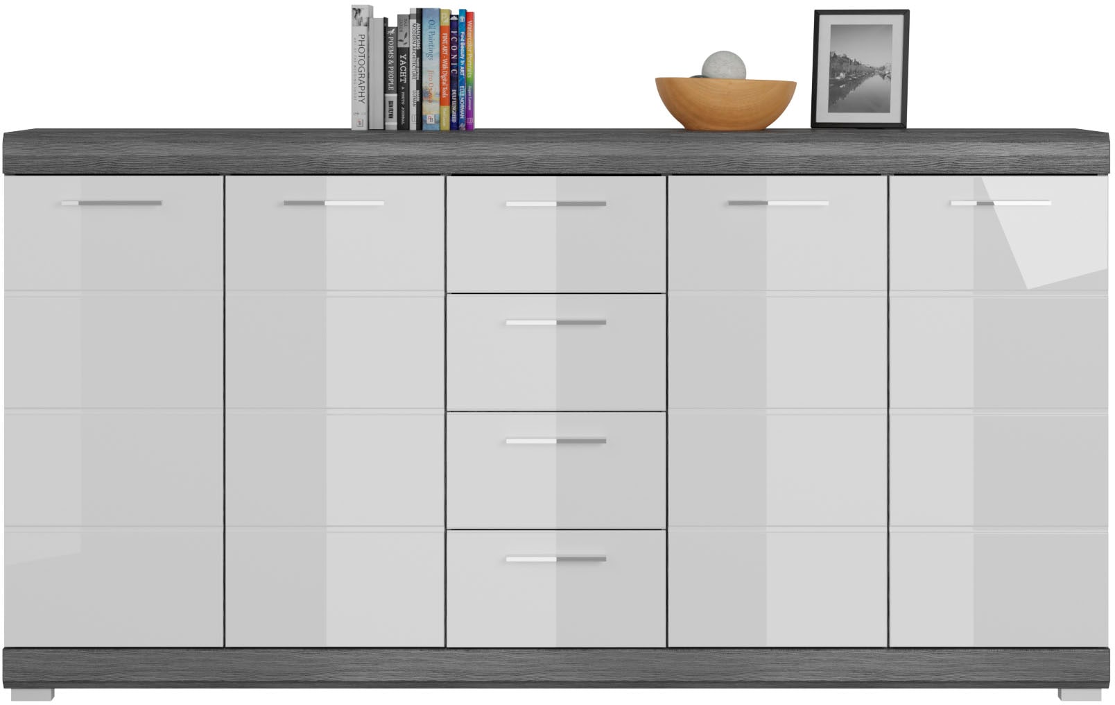 INOSIGN Kommode »Siena, Breite 165cm, 4 Türen, 4 Schubkästen, 8 Einlegeböden, 12 Fächer«, Front-Rillenfräsung, Schuhkommode, Schuhschrank, Anrichte, Sideboard