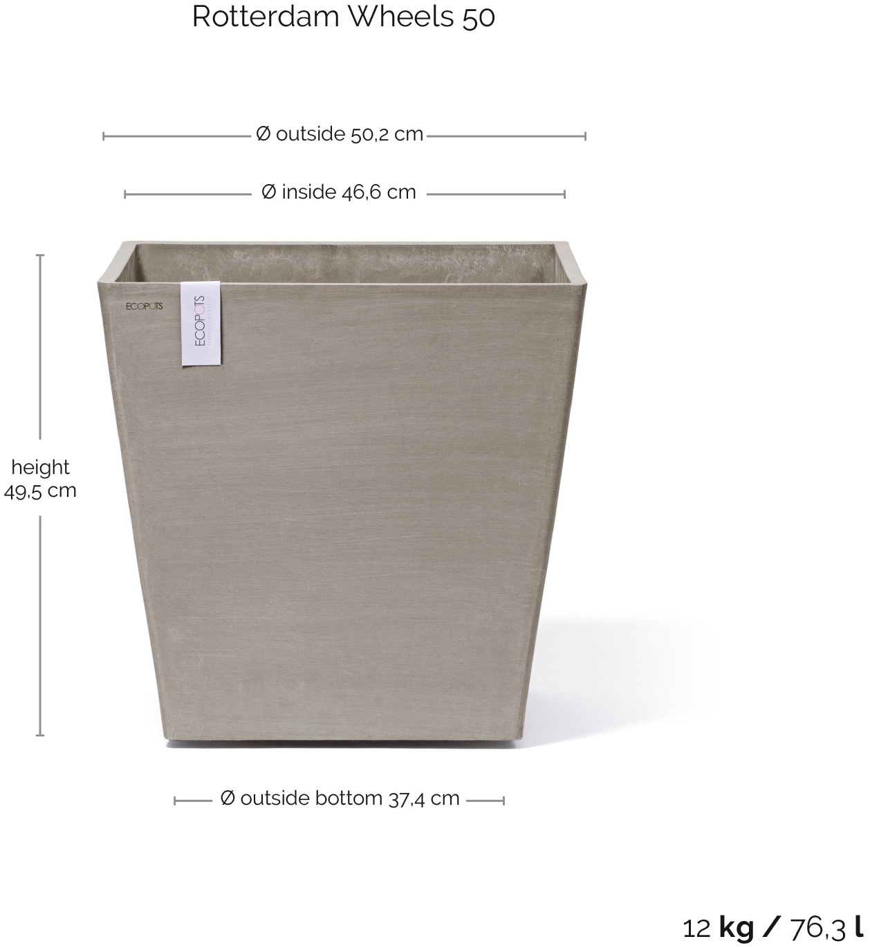 ECOPOTS Blumentopf »Rotterdam mit Rollen 50 Taupe«, für innen und außen: frostsicher, bruchsicher und lichtbeständig