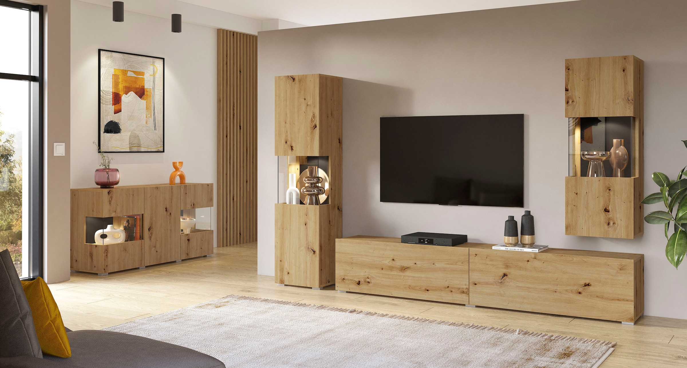 INOSIGN Wohnwand »Ava, Wohnzimmer-Set hängend/stehend montierbar, Vitrine, Lowboard«, 2-tlg.