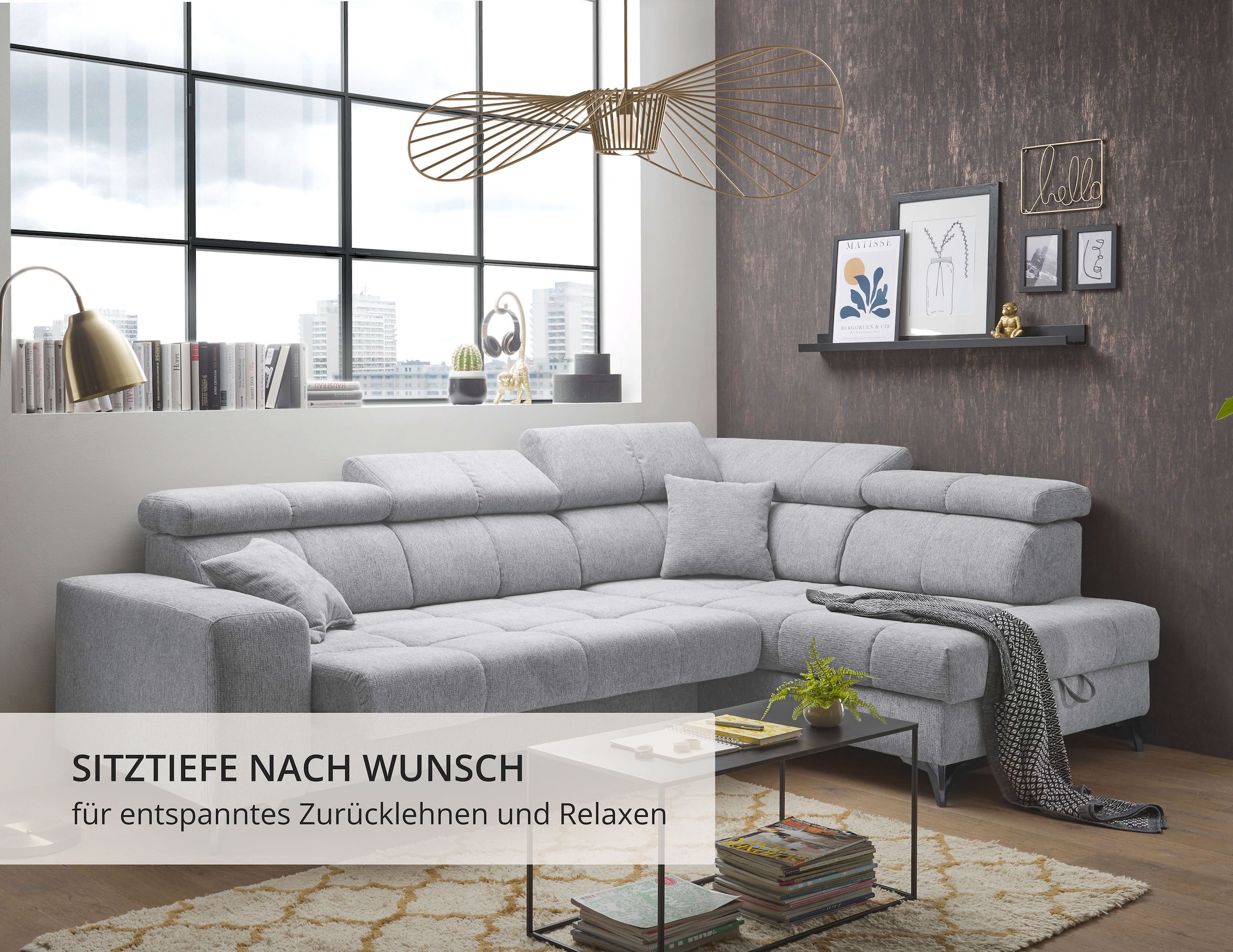 ED EXCITING DESIGN Ecksofa »Sydney L-Form« motorischer Sitztiefenverstellung, USB-Port & 2 Zierkissen