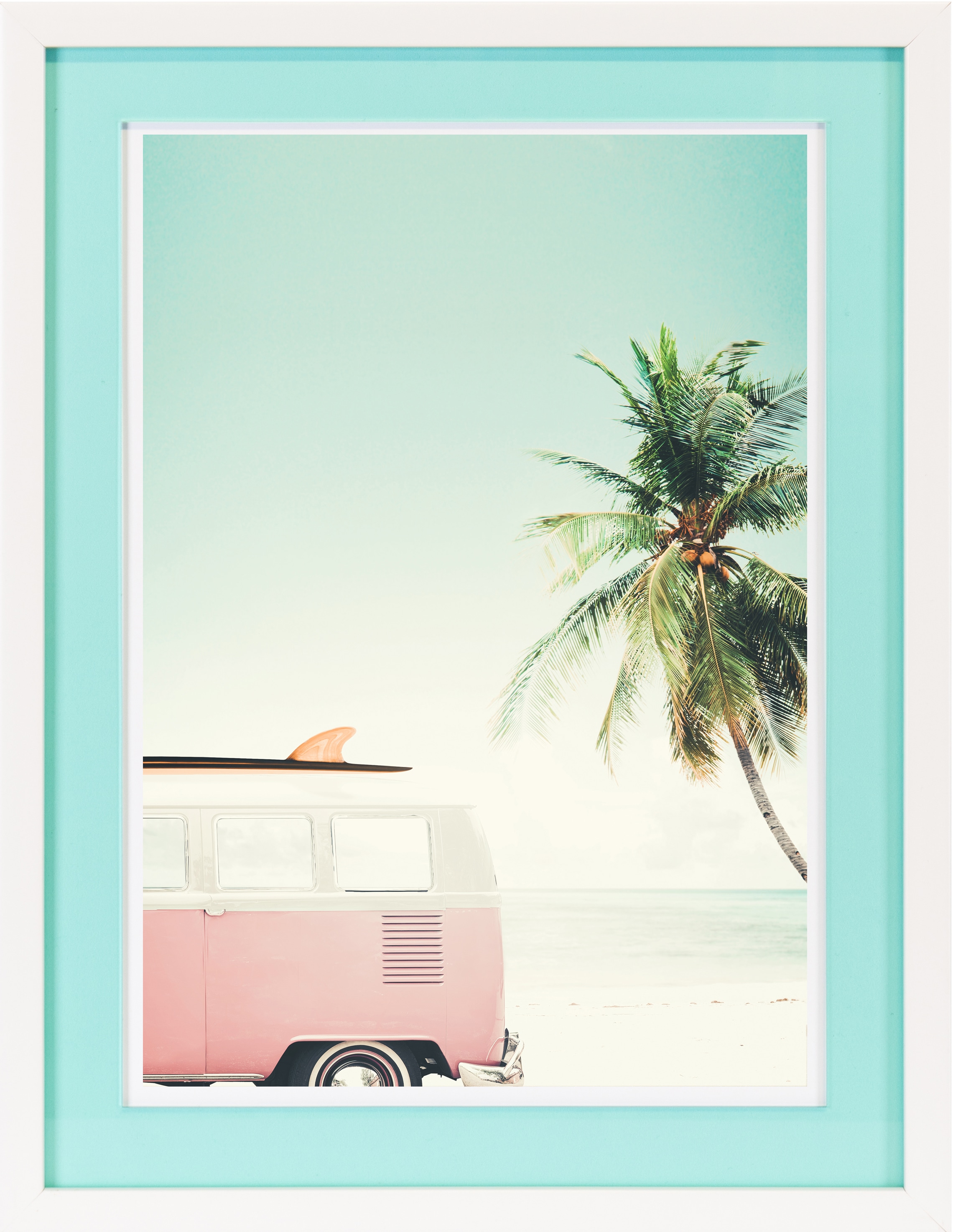 queence Bild mit Rahmen »Autobus, Palme, Strand«, Auto-Autos-Busse-Fahrzeuge-Meer-Palmen, (1 St.), Poster mit buntem Acrylglas Passepartout
