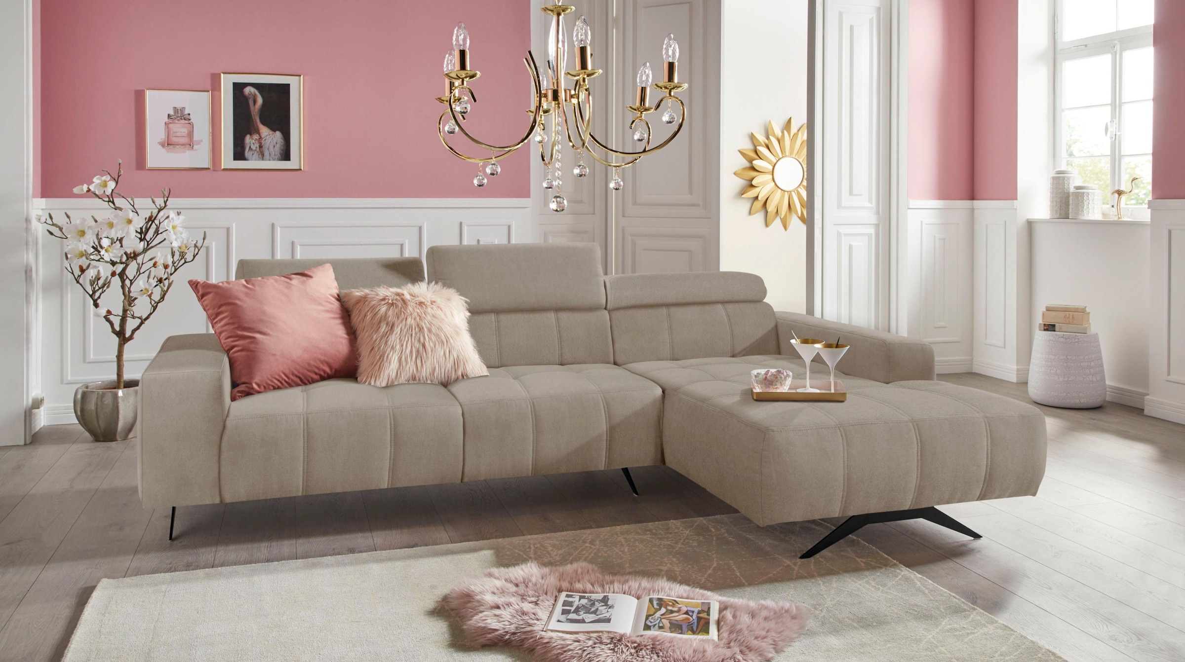 DOMO collection Ecksofa »Trento L-Form, mit Kufenfuß oder Einzelfuß«, wahlweise mit Kopfteilverstellung, Recamiere links/rechts bestellbar