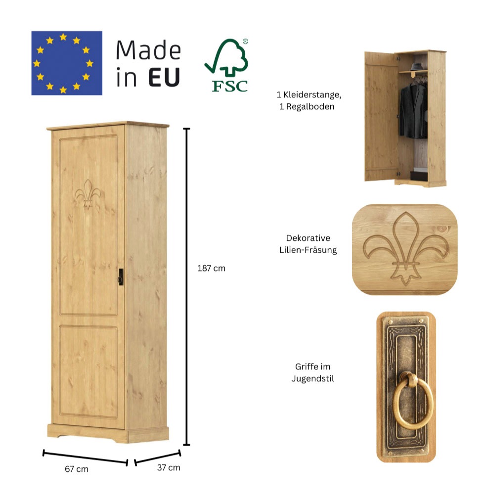 Home affaire Garderobenschrank »Lille Mehrzweckschrank Breite/Höhe: 67/187 cm«, aus massiver Kiefer, mit schöner Lilien-Fräsung, Jugendstil-Griffe