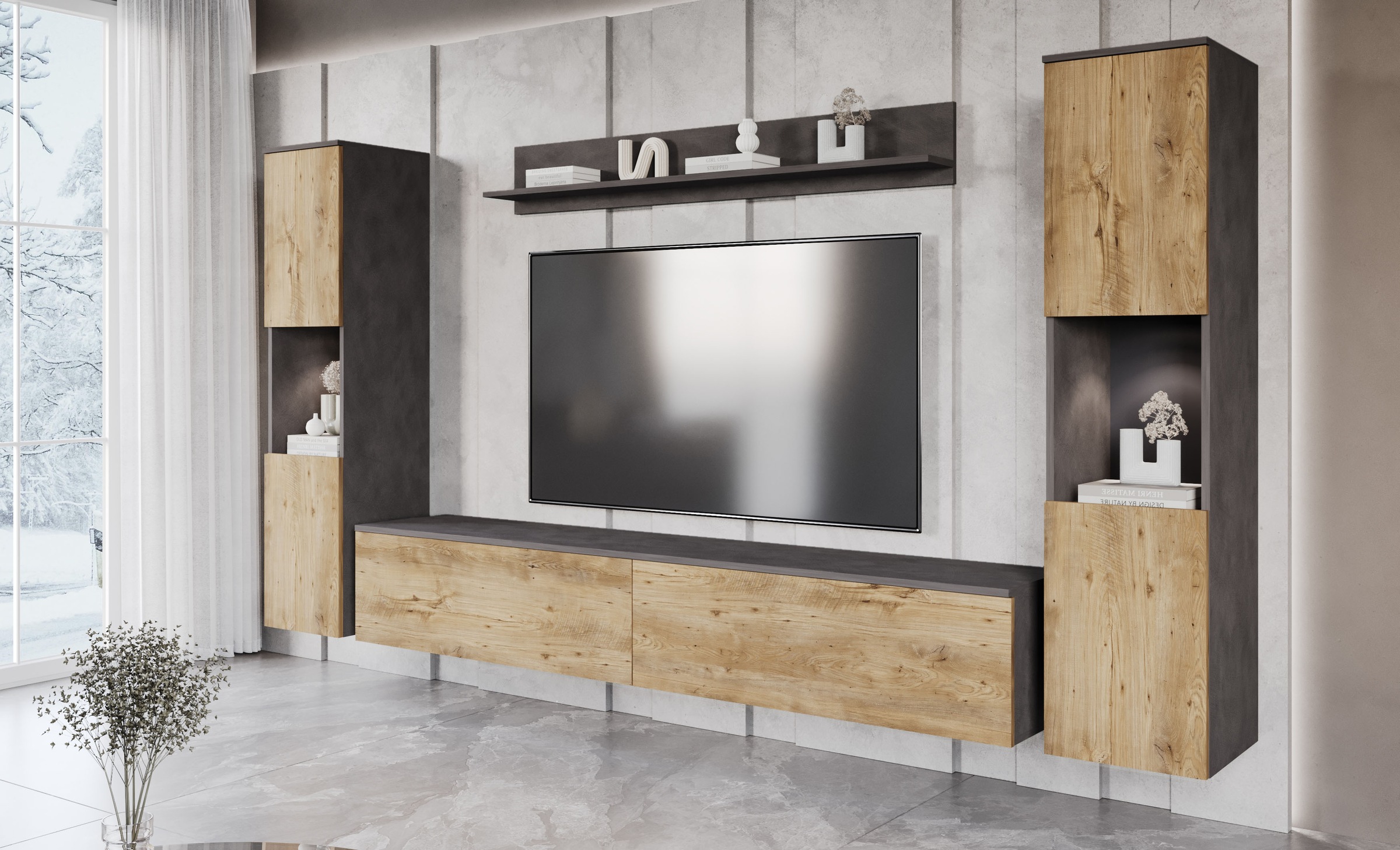 INOSIGN Wohnwand »PARIS, Vitrine Türanschlag links/rechts wechselbar«, (Komplett-Set, 4 St.), grifflose Design, stehend und hängend montierbar