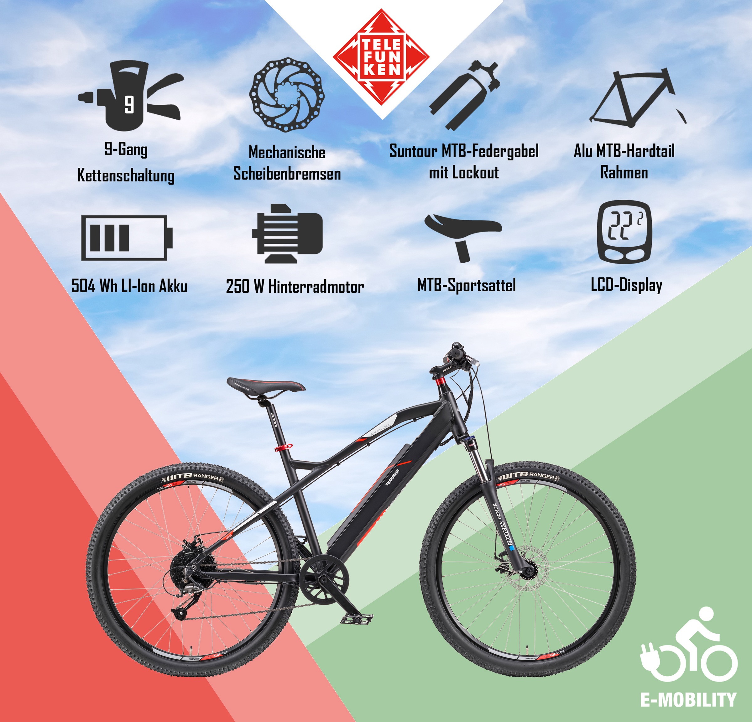 Telefunken E-Bike »Aufsteiger M924«, 9 Gang, Shimano, Altus, Heckmotor 250 W, (36 V 504 Wh Akku-ca. 100 km Reichweite-Geländebike off road), Mountainbike MTB Elektrofahrrad, Damen Herren, 27,5 / 29 Zoll, Pedelec