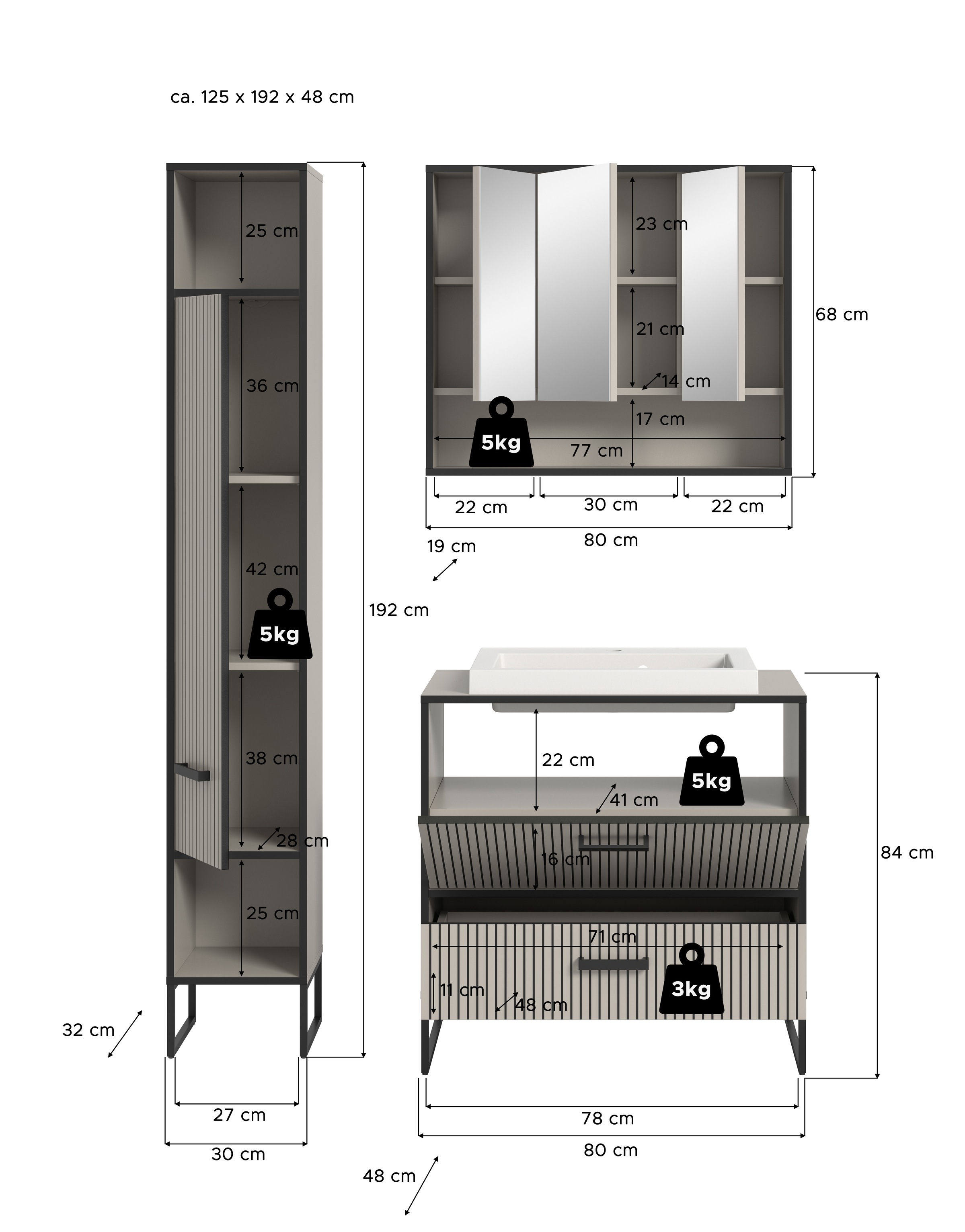 welltime Badmöbel-Set »Locri, Breite 125 cm, Rillenoptik, Metallkufen«, (3 St.), best. aus: Hochschrank, Spiegelschrank, Waschtisch