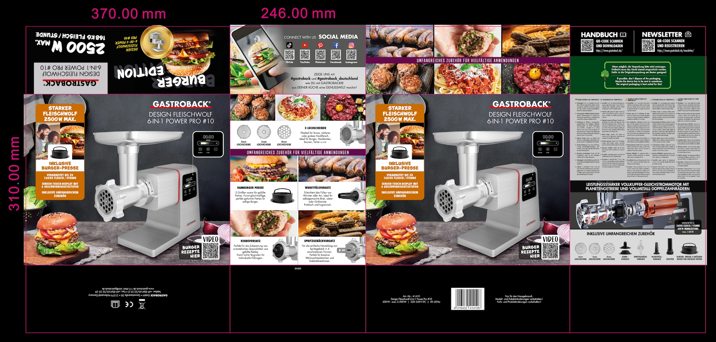 Gastroback Fleischwolf »Design Fleischwolf 6-in-1 Power Pro« inklusive Burger-Presse