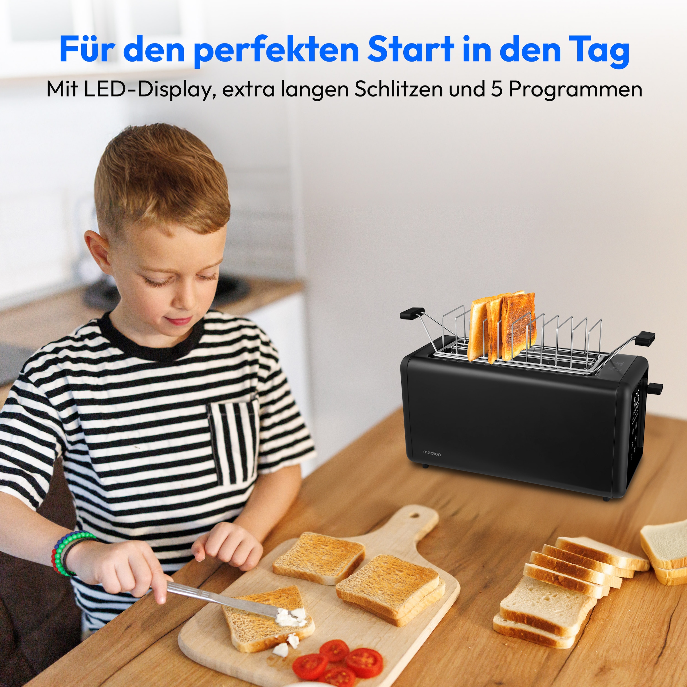 Medion® Toaster »Langschlitztoaster, MD12103, LED Sensor-Touch-Display« 2 lange Schlitze für 4 Scheiben 1450 W abnehmbarer Brötchenaufsatz