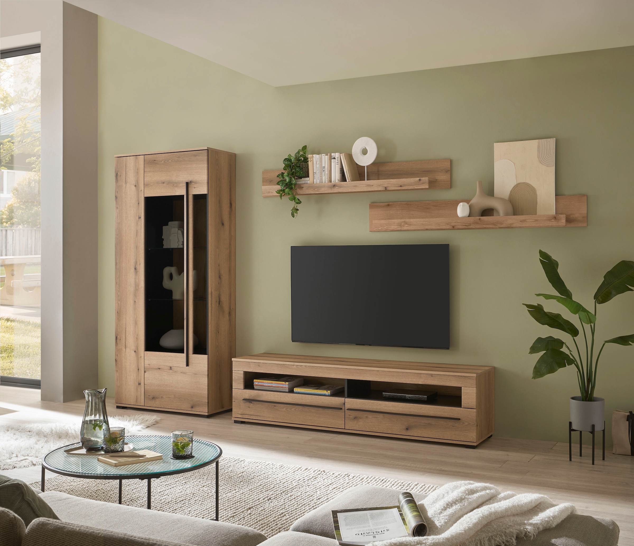 INOSIGN Wohnwand »Cantara, moderne Anbauwand, Wohnzimmer-Set, in Eiche Evoke oder Weiß«, (Set), enthält eine Vitrine, ein Lowboard und zwei Wandboards