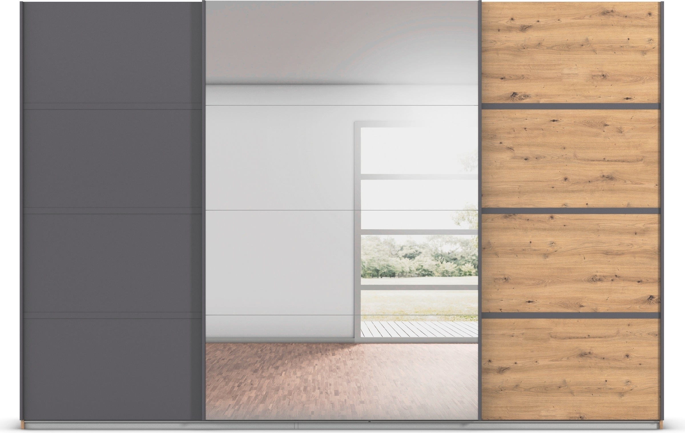 rauch Kleiderschrank »Schwebetürenschrank Garderobe Schrank TOP ANGEBOT Avola«, (in 3 verschiedenen Ausstattungen BASIC/CLASSIC/PREMIUM inkl. Spiegel), mit eleganten Zierleisten in Chrom, Schwarz oder Weiß MADE IN GERMANY